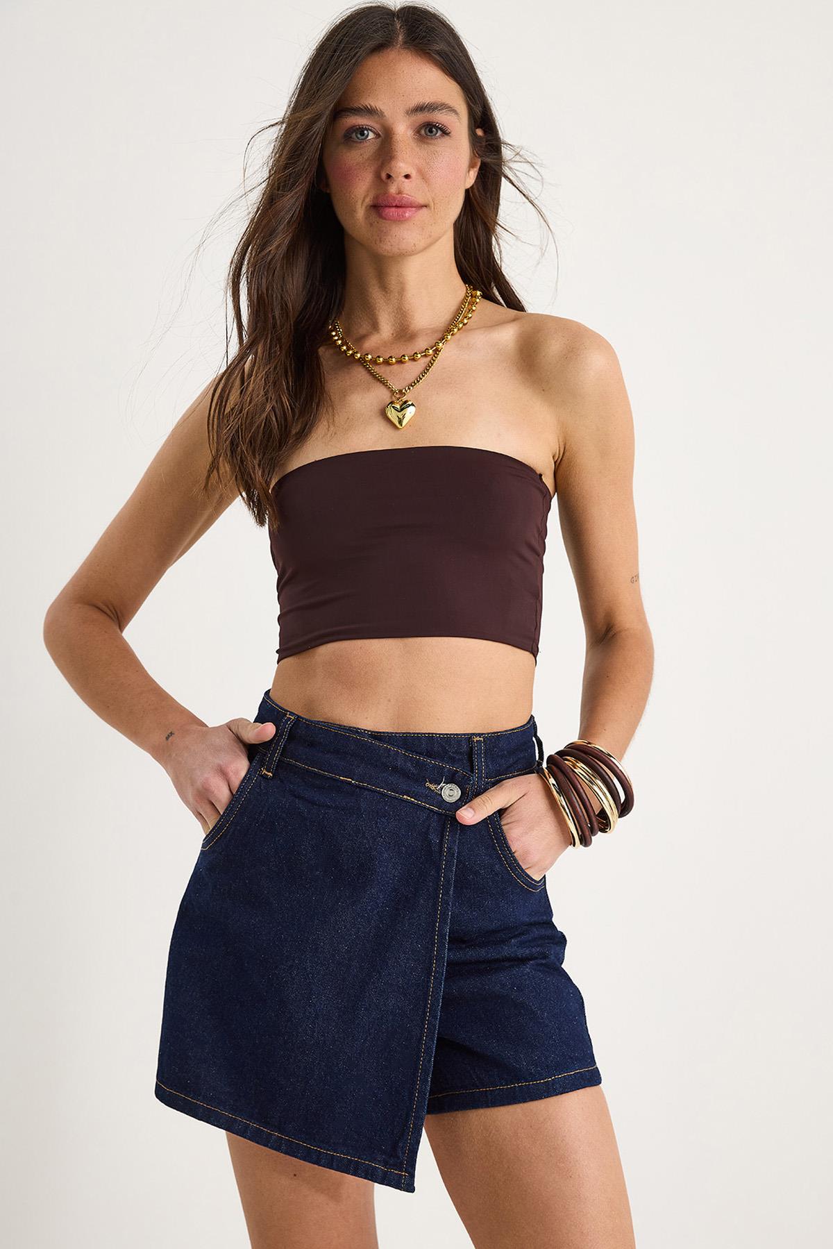 Kadın Cep Detaylı Kruvaze Kapamalı Denim Şort Etek 8017 60283266 - Lacivert - Lacivert / 38