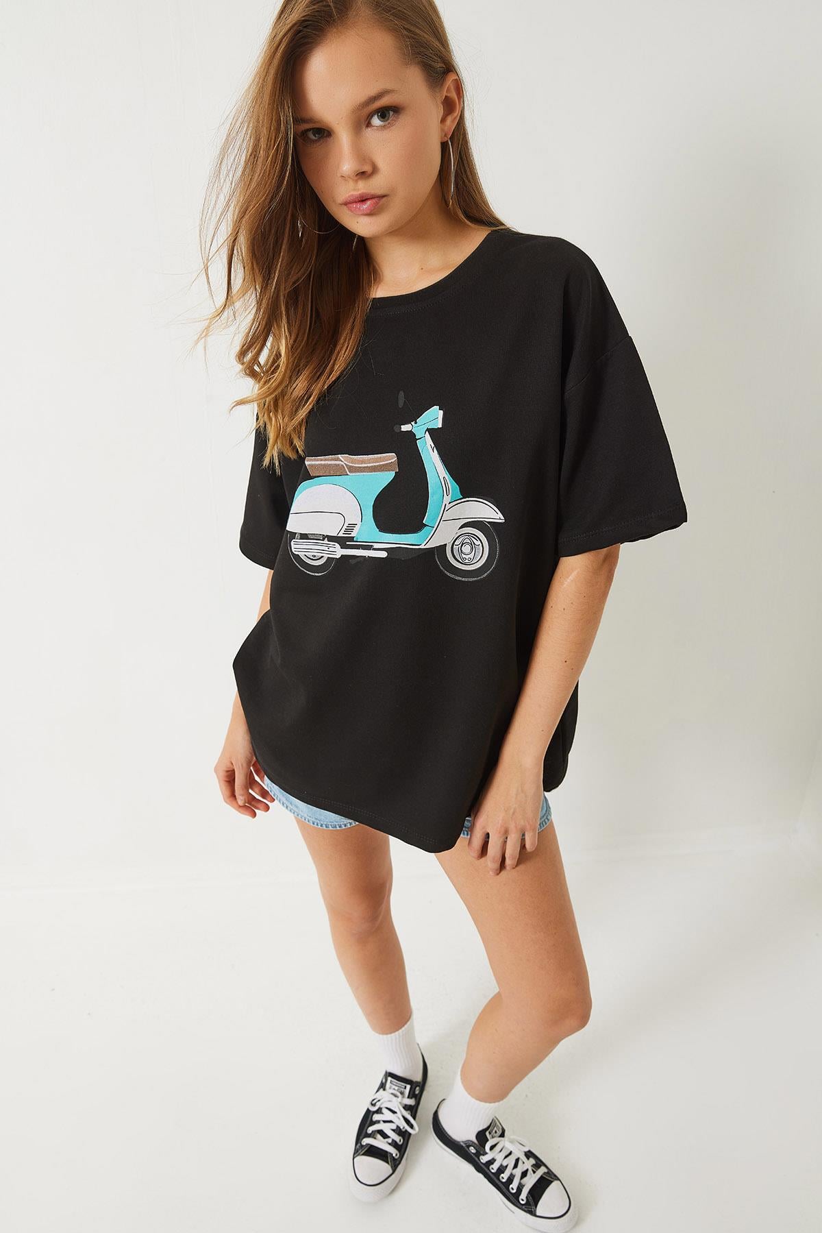 Kadın Scooter Baskılı Kısa Kollu Bisiklet Yaka Regular T-Shirt 3098 60283072 - Siyah - Siyah / XL