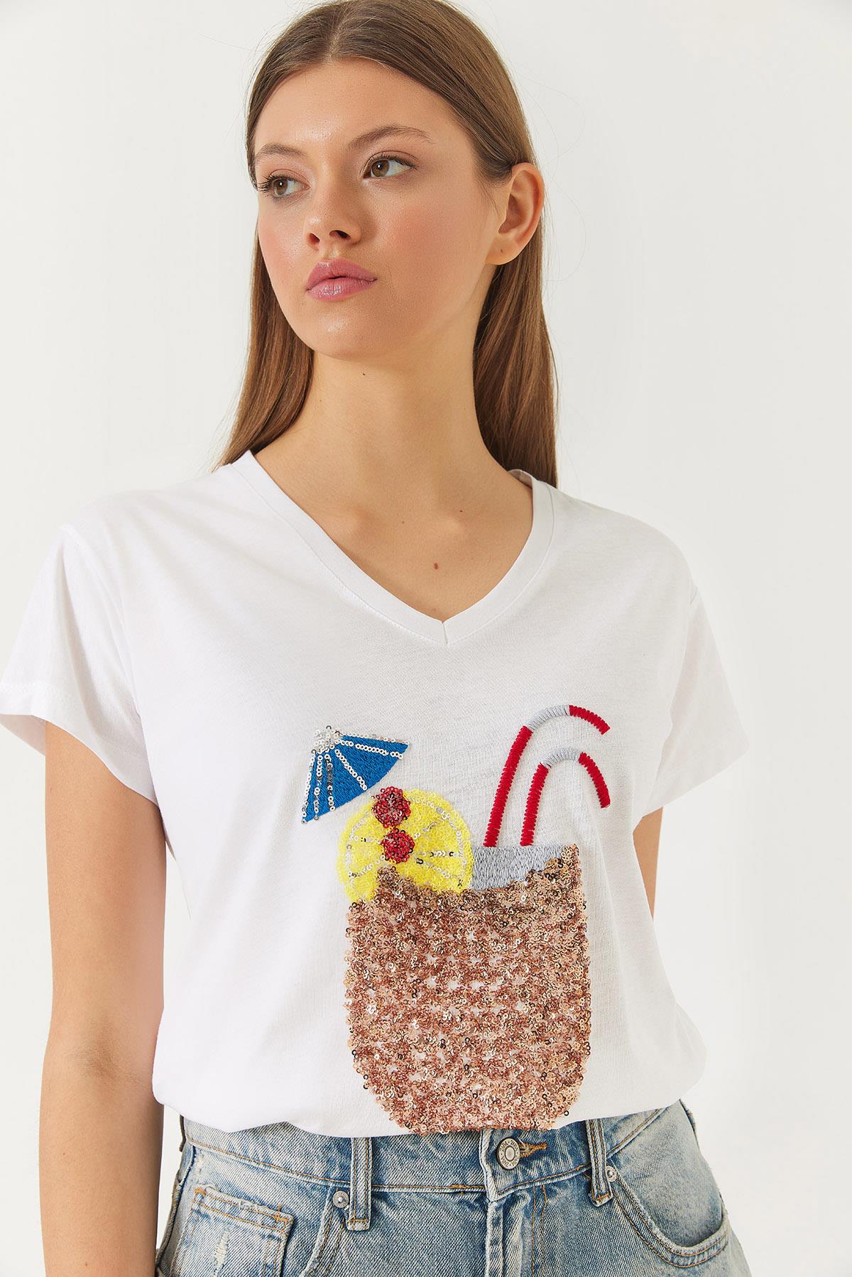 Kadın V Yaka Havai Desenli Renkli Payet İşlemeli T-Shirt 60261433 - Beyaz - Beyaz / S