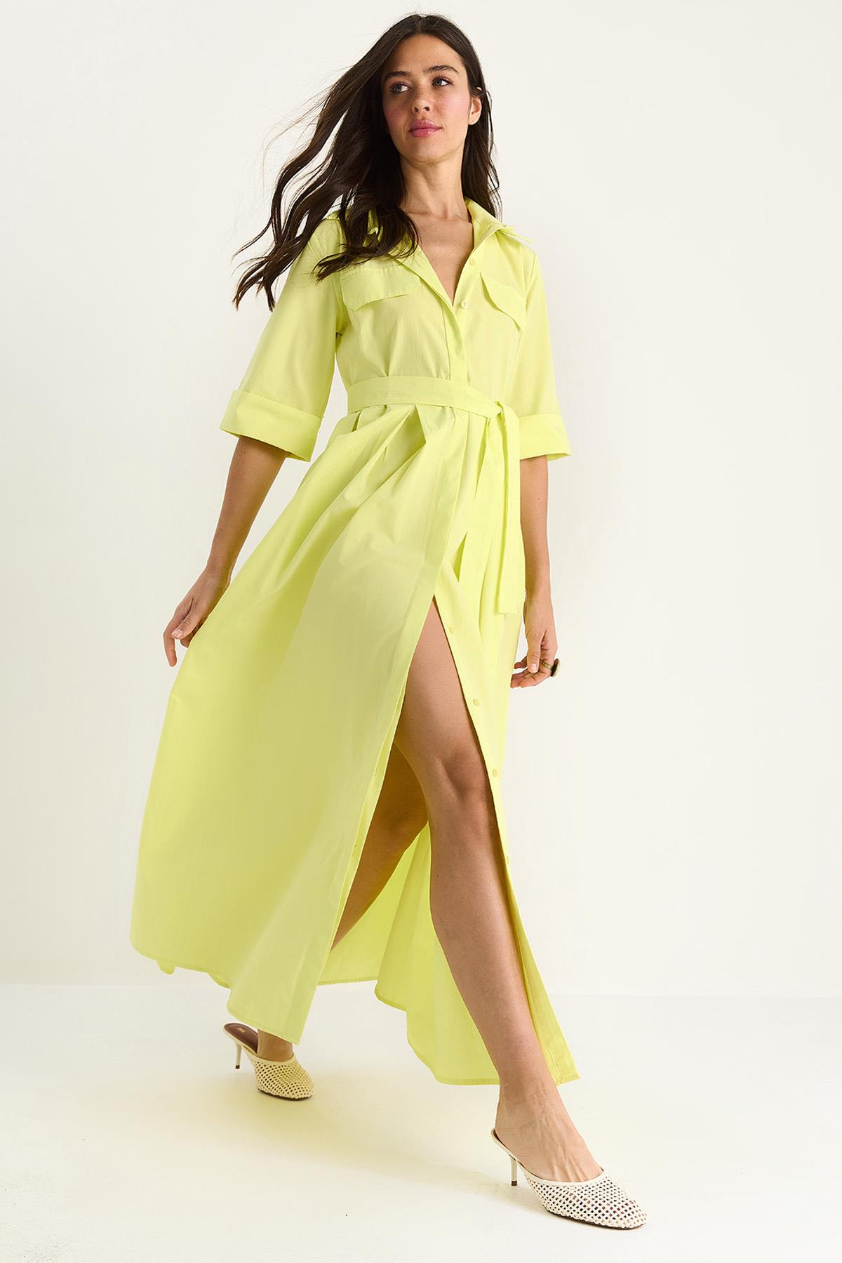 Kadın Pile Etekli Cep Detaylı Kuşaklı Poplin Midi Elbise 8441 60283445 - Limon Sarısı - Limon Sarısı / M