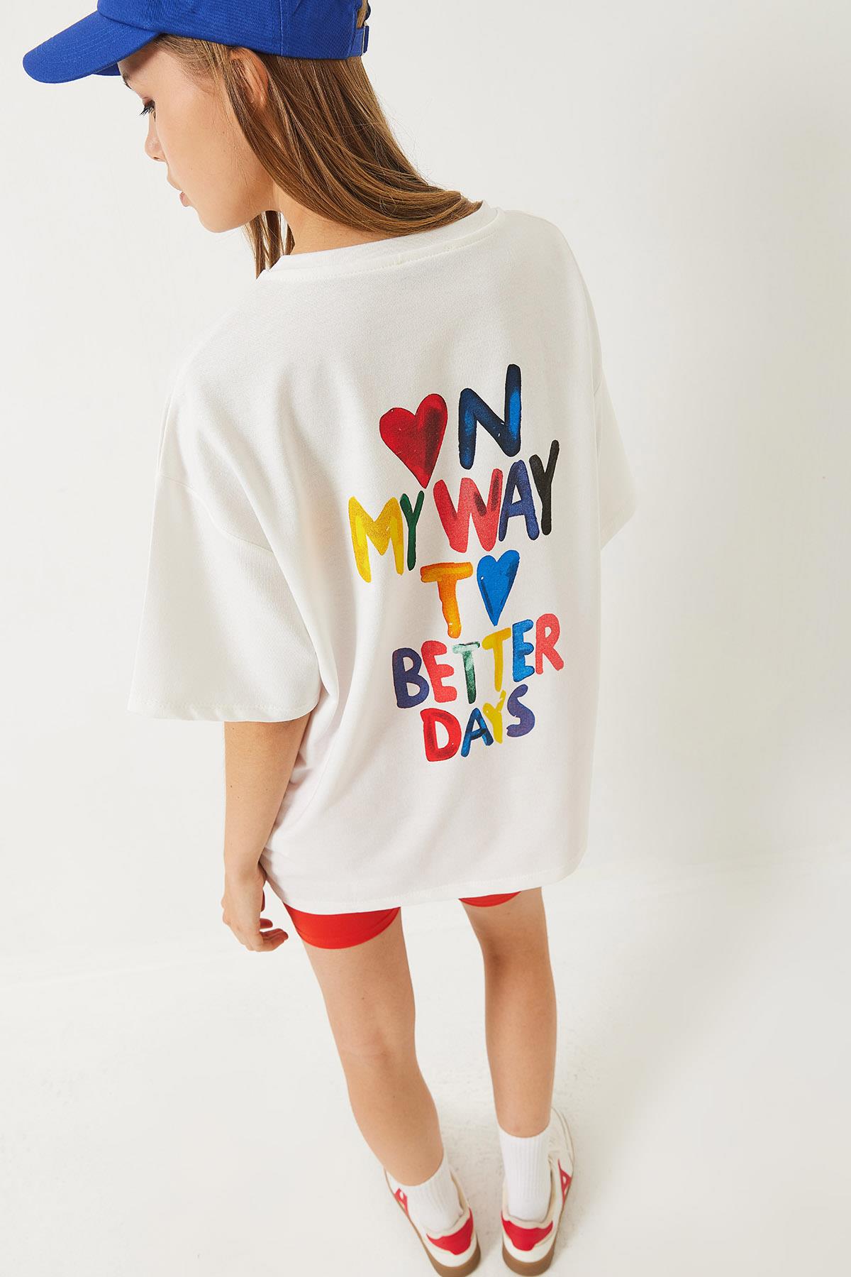 Kadın Desenli Sırt Detaylı Kısa Kollu İki İplik Oversize T-Shirt 60283073 - Beyaz - Beyaz / S