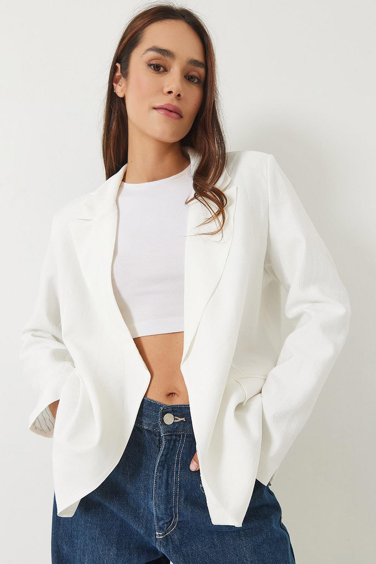 Kadın Vatkalı Astarı Çizgili Çilek Kumaş Blazer Ceket 50178 60283002 - Ekru - Ekru / M