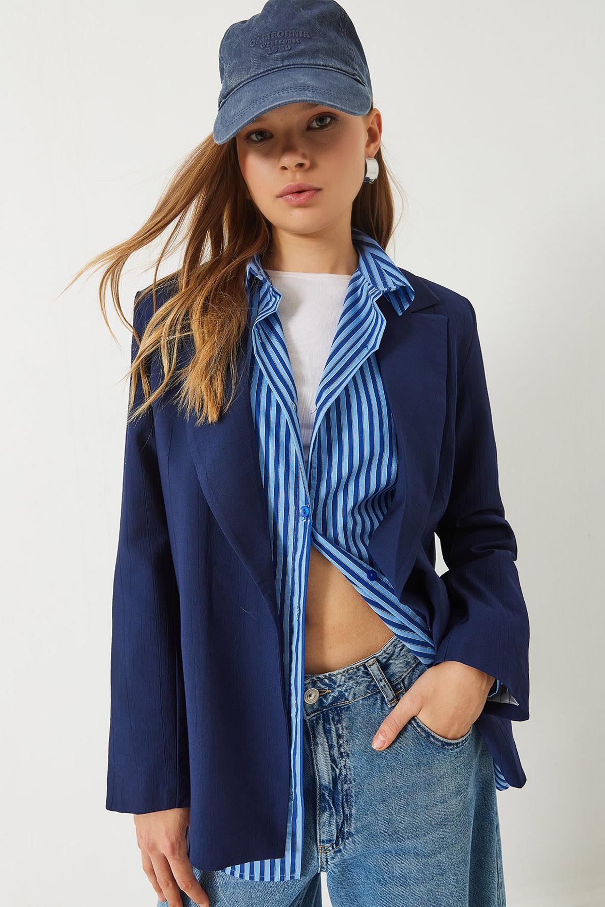 Kadın Vatkalı Astarı Çizgili Çilek Kumaş Blazer Ceket 50178 60283002 - Lacivert - Lacivert / S