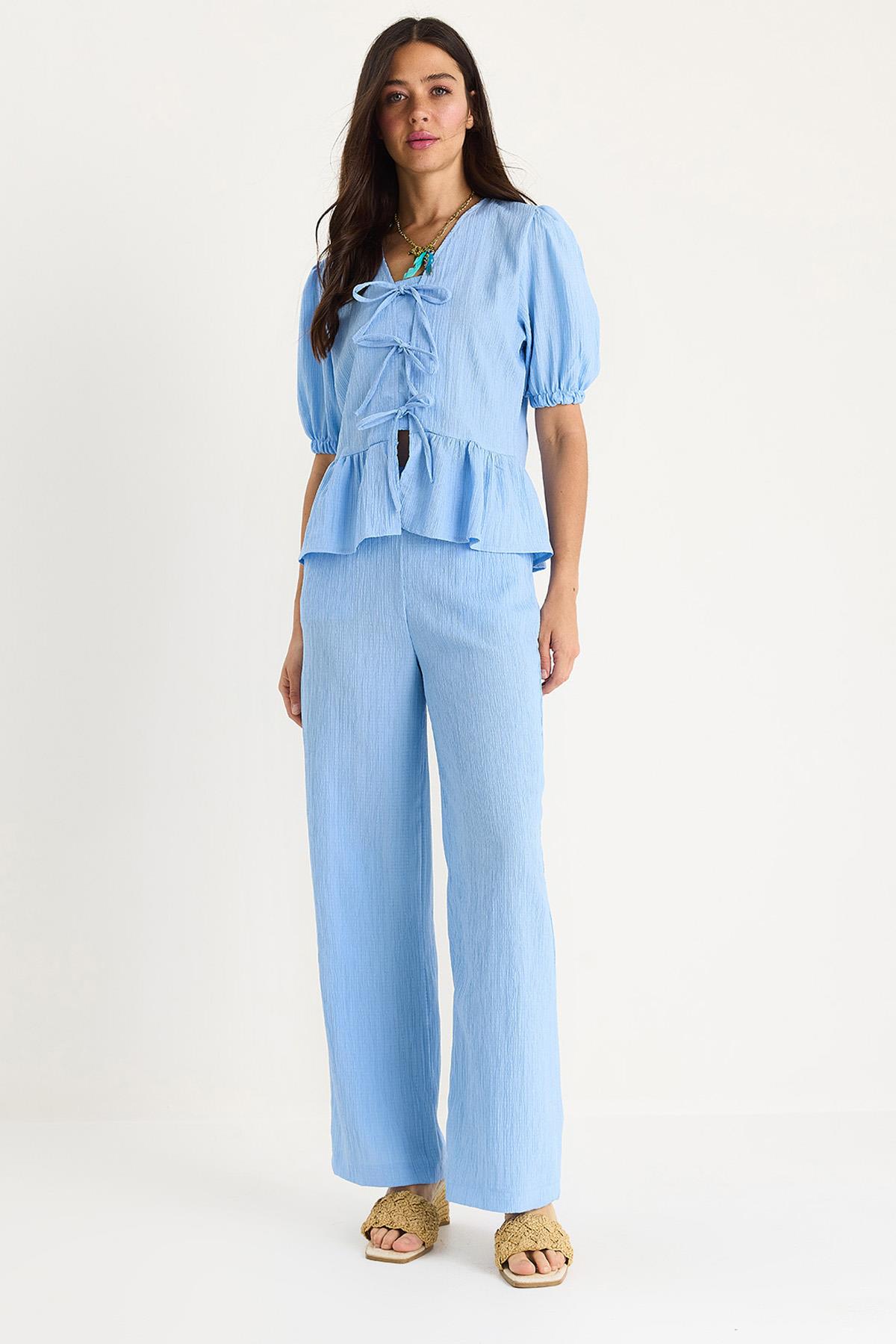 Kadın Bağlama Detaylı Kolları Lastikli Bluz Pantolon Bürümcük Takım 8015 60283448 - Bebe Mavisi - Bebe Mavisi / M