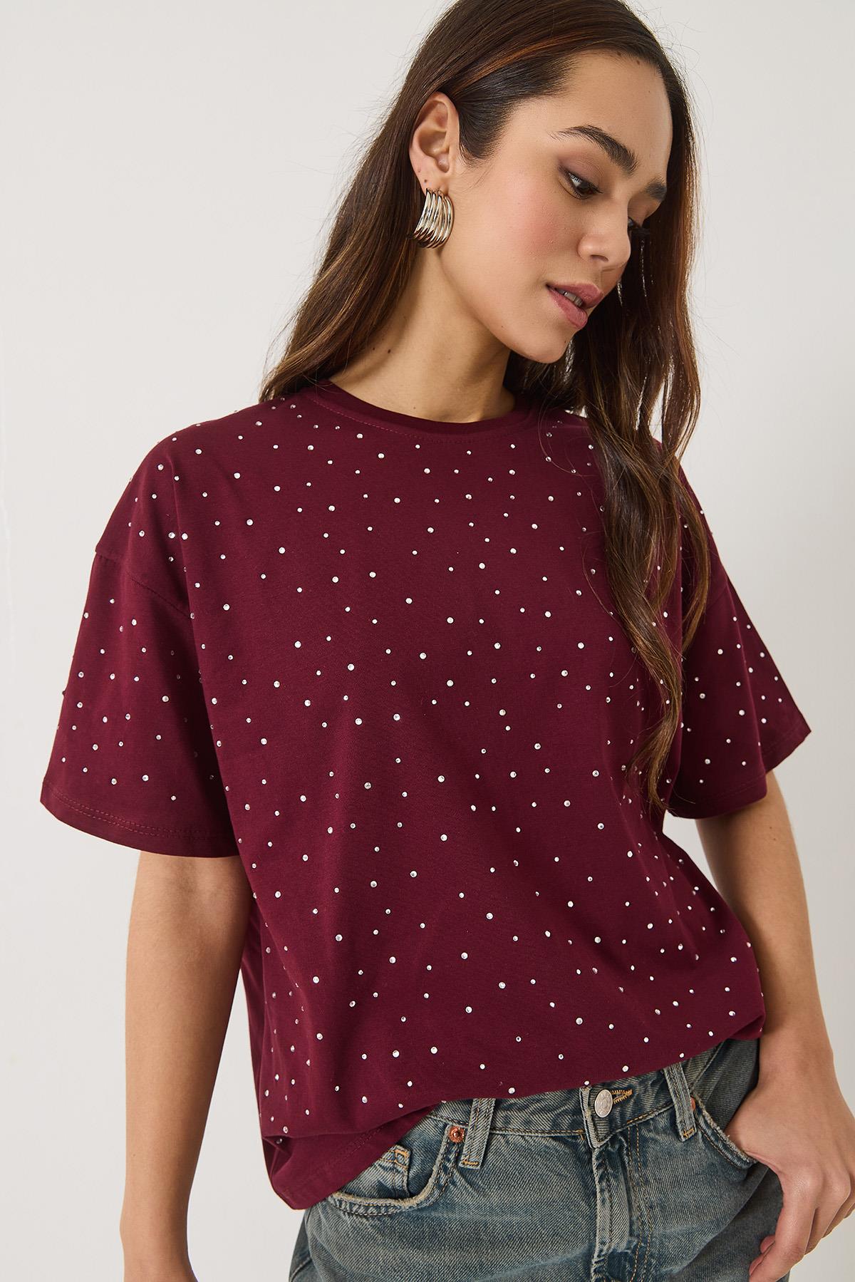 Kadın Pul Detaylı Bisiklet Yaka Kısa Kollu T-Shirt 3028 60283149 - Bordo - Bordo / M