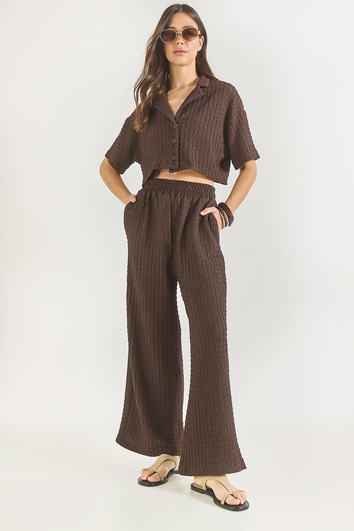 Kadın Gofre Crop Ceket Beli Lastikli Yüksek Bel Pantolonlu Alt-Üst Takım 9313 60281043 - Acı Kahve - Acı Kahve / 36