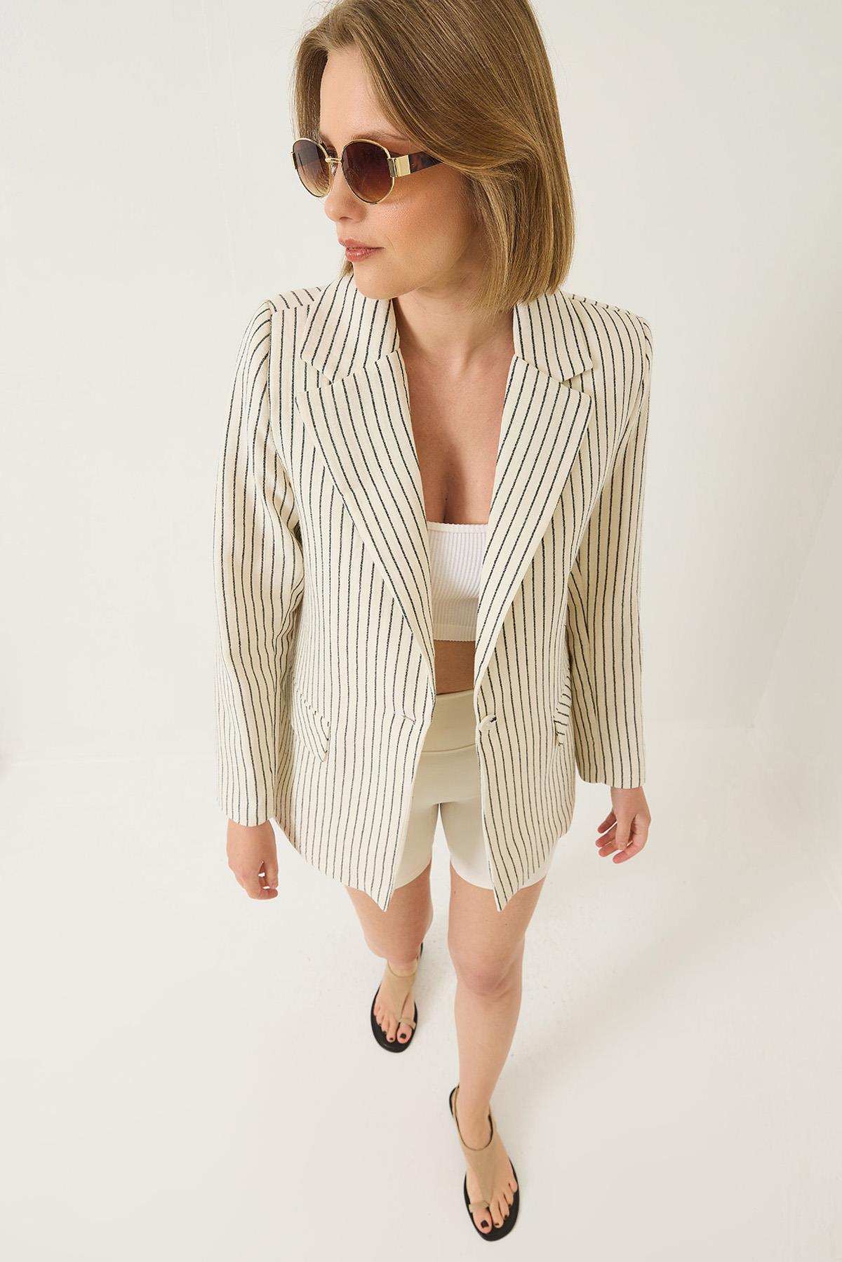 Kadın Çizgili Uzun Kollu Keten Karışımlı Astarlı Blazer Ceket 60283121 - Ekru-Siyah - Ekru-Siyah / S