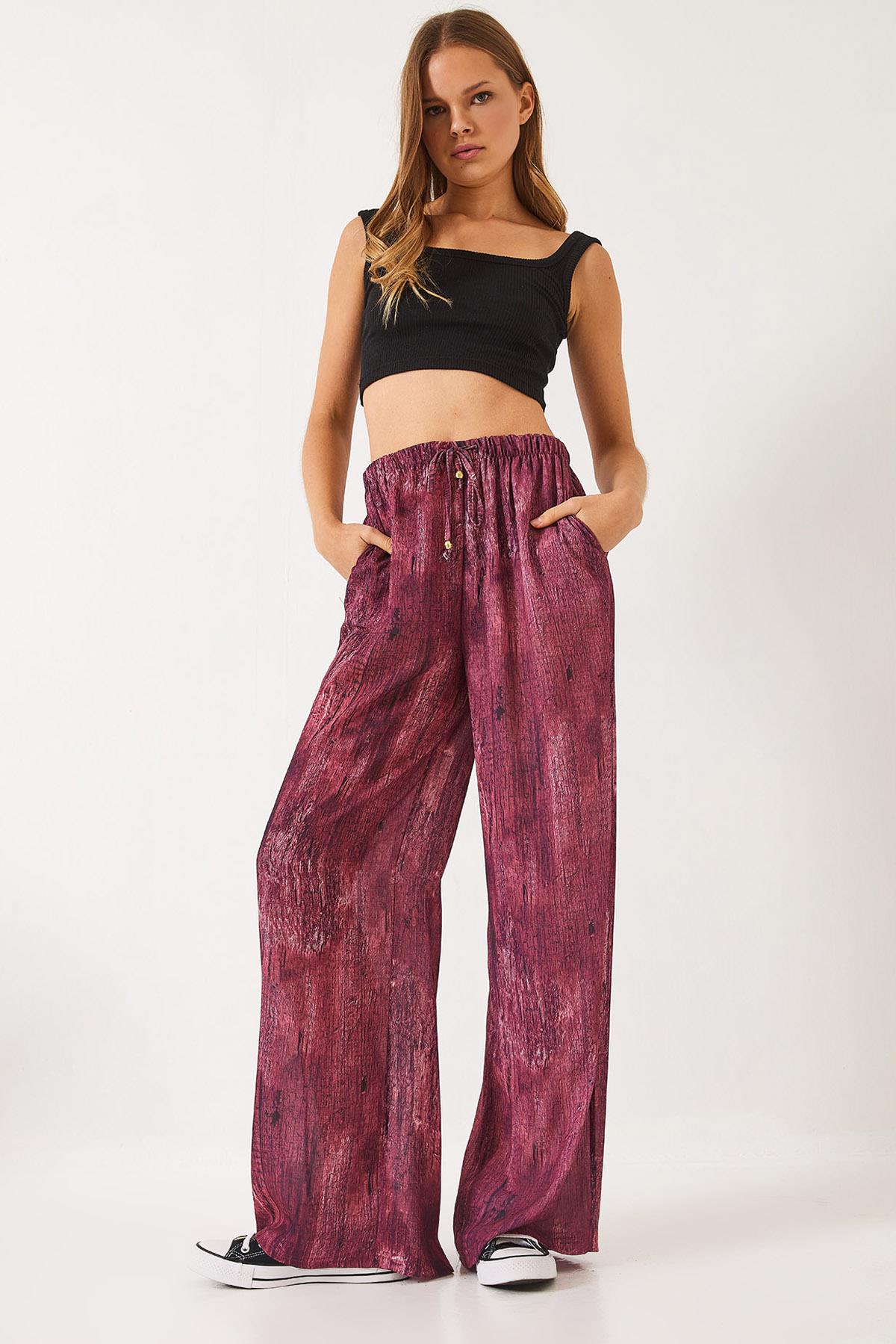 Kadın Kontrast Geçişli Cep Detaylı Wide Leg Pantolon 60440-2 60271056 - Bordo - Bordo / 38