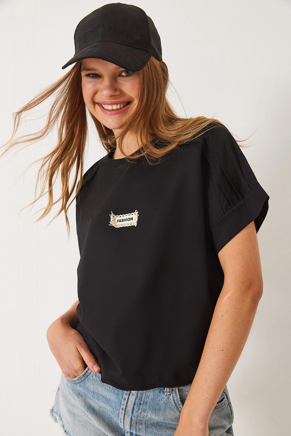 Kadın Nervür Dikişli Düşük Kol Basic T-Shirt 60602022 - Siyah - Siyah / M