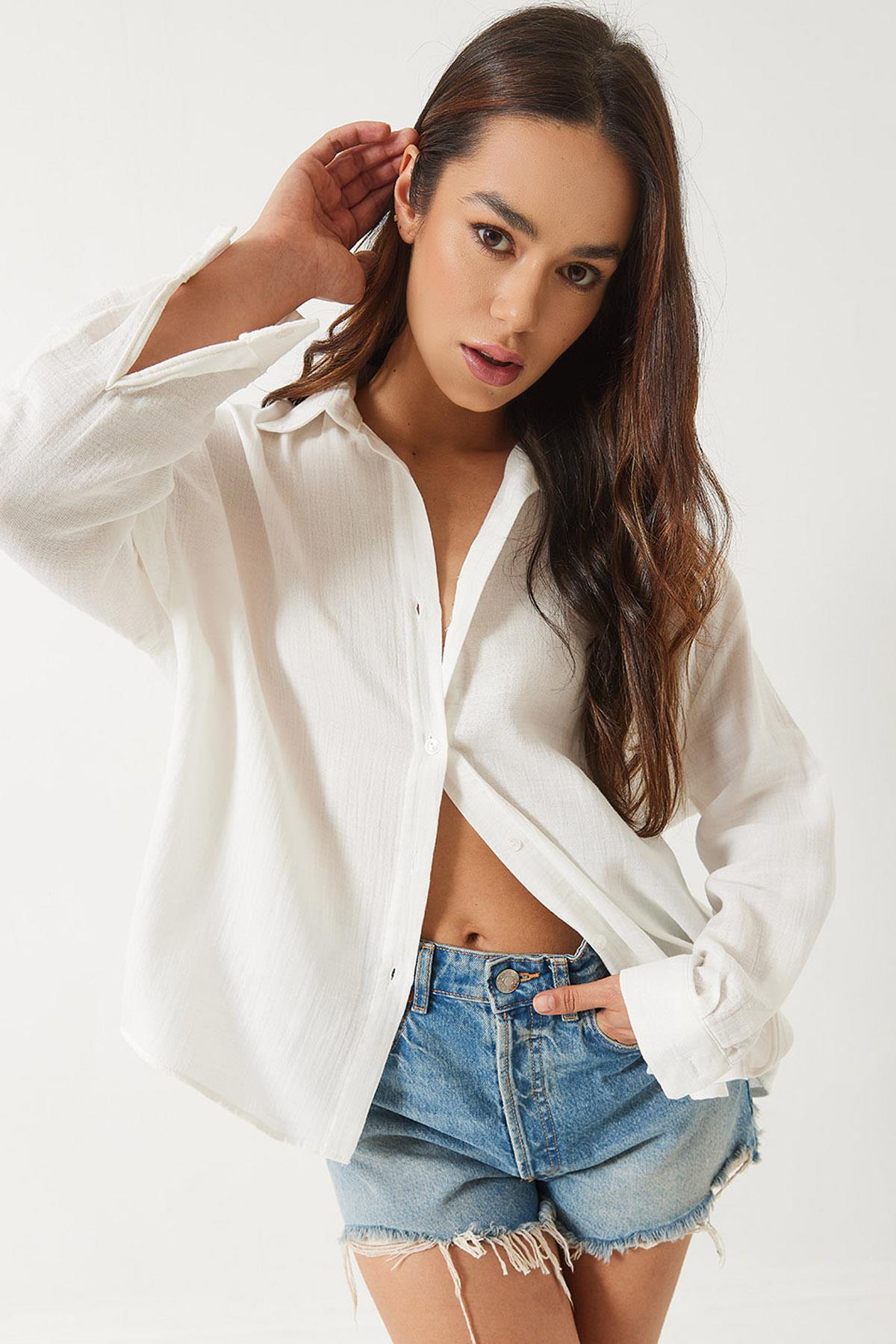 Kadın Oversize Uzun Kollu Müslin Basic Gömlek 34363 60282004 - Beyaz - Beyaz / M