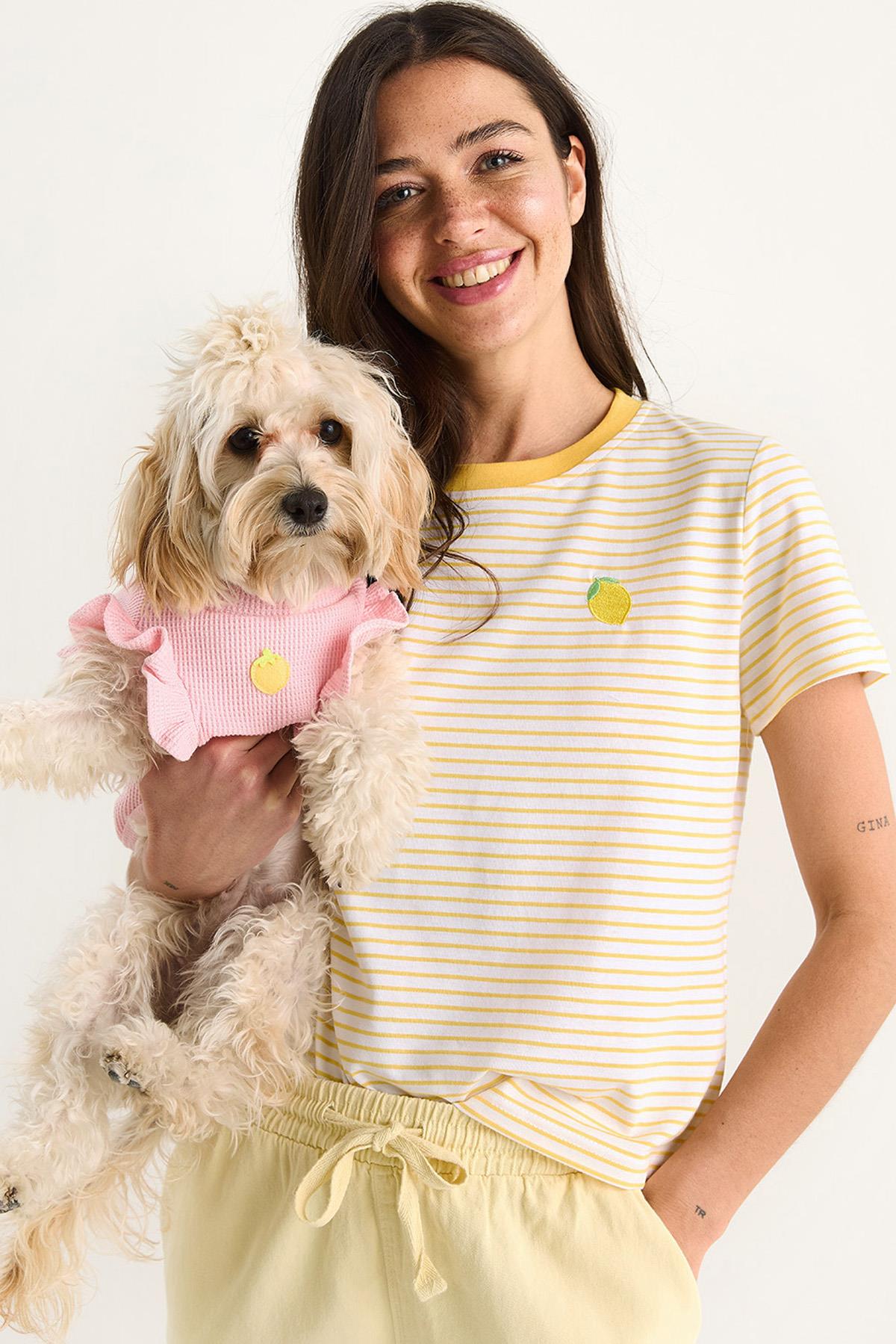 Kadın Limon Nakışlı Çizgili Pamuklu Basic T-Shirt 3369 60283387 - Limon Sarısı - Limon Sarısı / L
