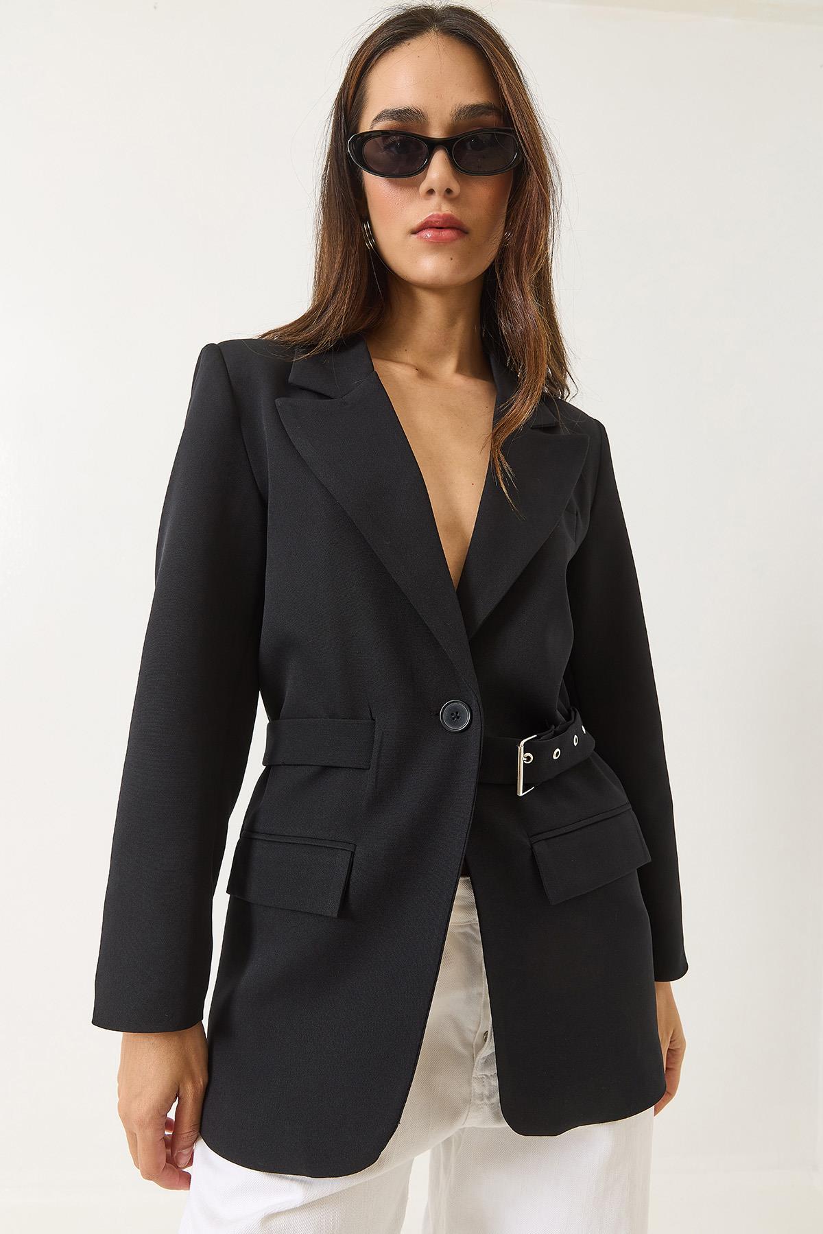 Kadın Kemer Detaylı Astarlı Blazer Ceket 8132 60283134 - Siyah - Siyah / 36
