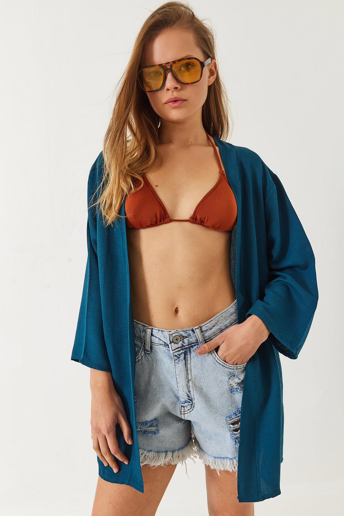Kadın Keten Dokulu Kısa Basic Kimono 60261496 - Petrol - Petrol / L