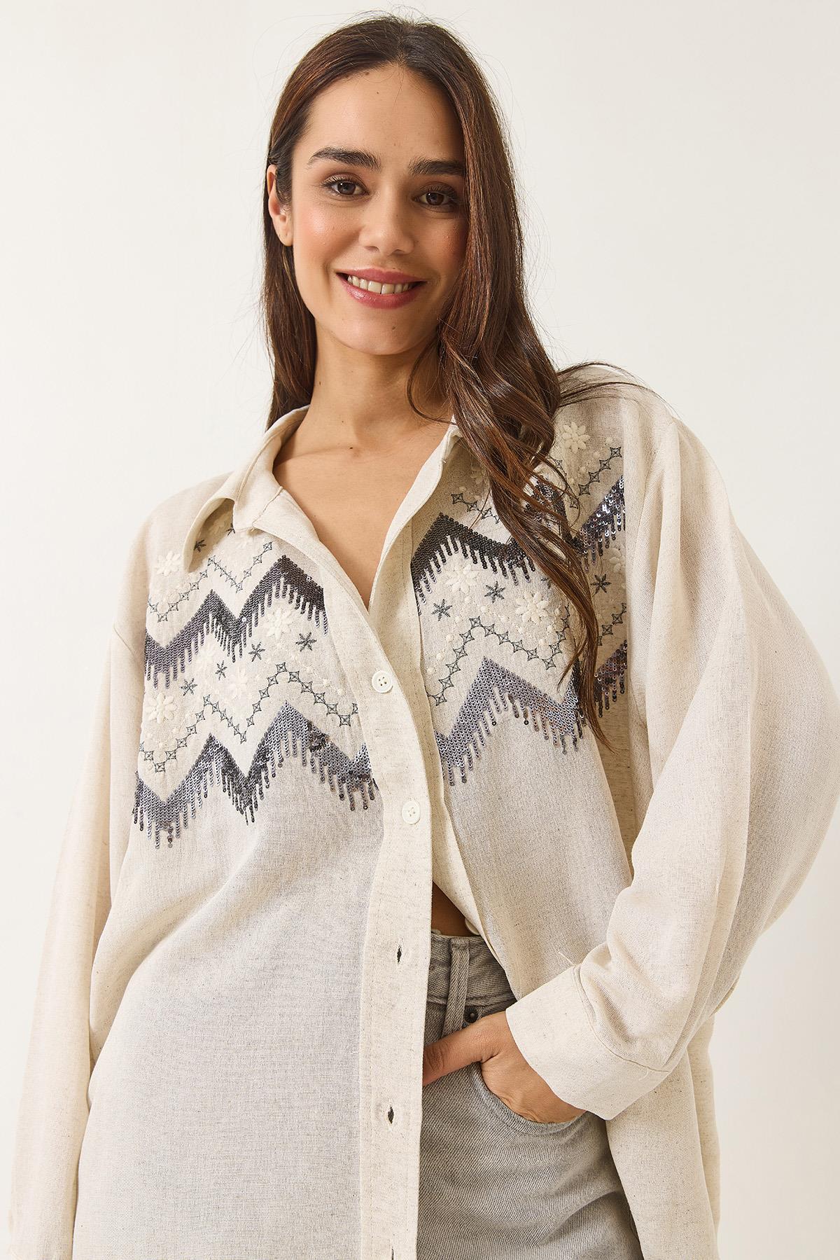 Kadın Taş İşlemeli Oversize Keten Gömlek 6231 60283111 - Taş - Taş / L