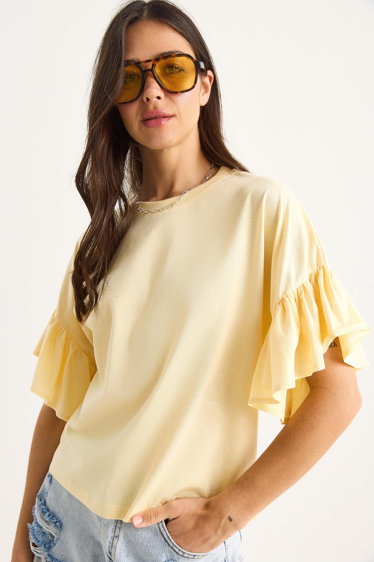 Kadın Kolları Fırfırlı Bisiklet Yaka Pamuklu T-Shirt 60602074 - Tereyağ - Tereyağ / S