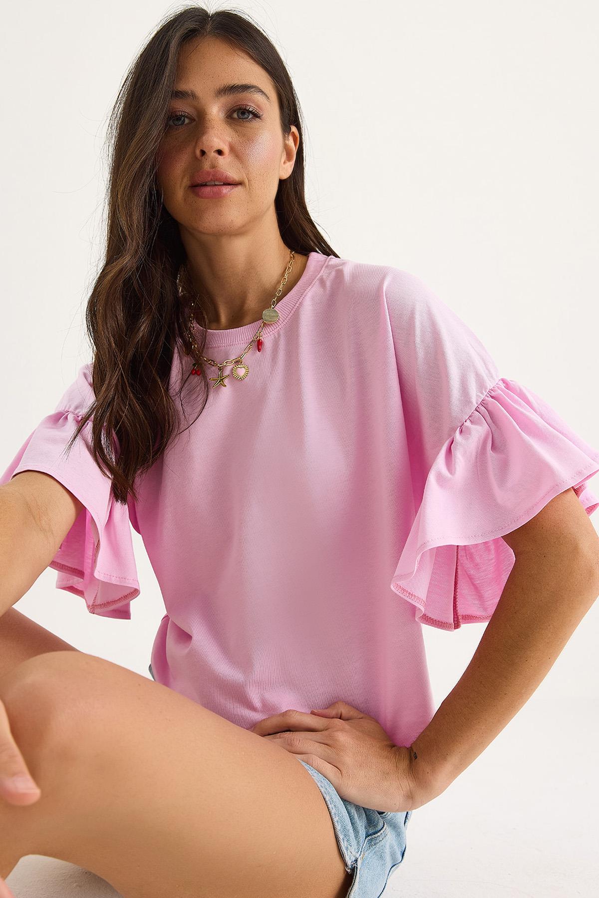 Kadın Kolları Fırfırlı Bisiklet Yaka Pamuklu T-Shirt 60602074 - Şeker Pembe - Şeker Pembe / L
