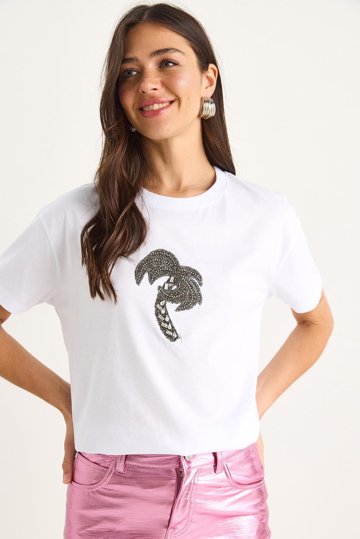 Kadın %100 Pamuk Bisiklet Yaka Palmiye Taş Aksesuarlı Rahat Kalıp T-Shirt 60602067 - Beyaz - Beyaz / M
