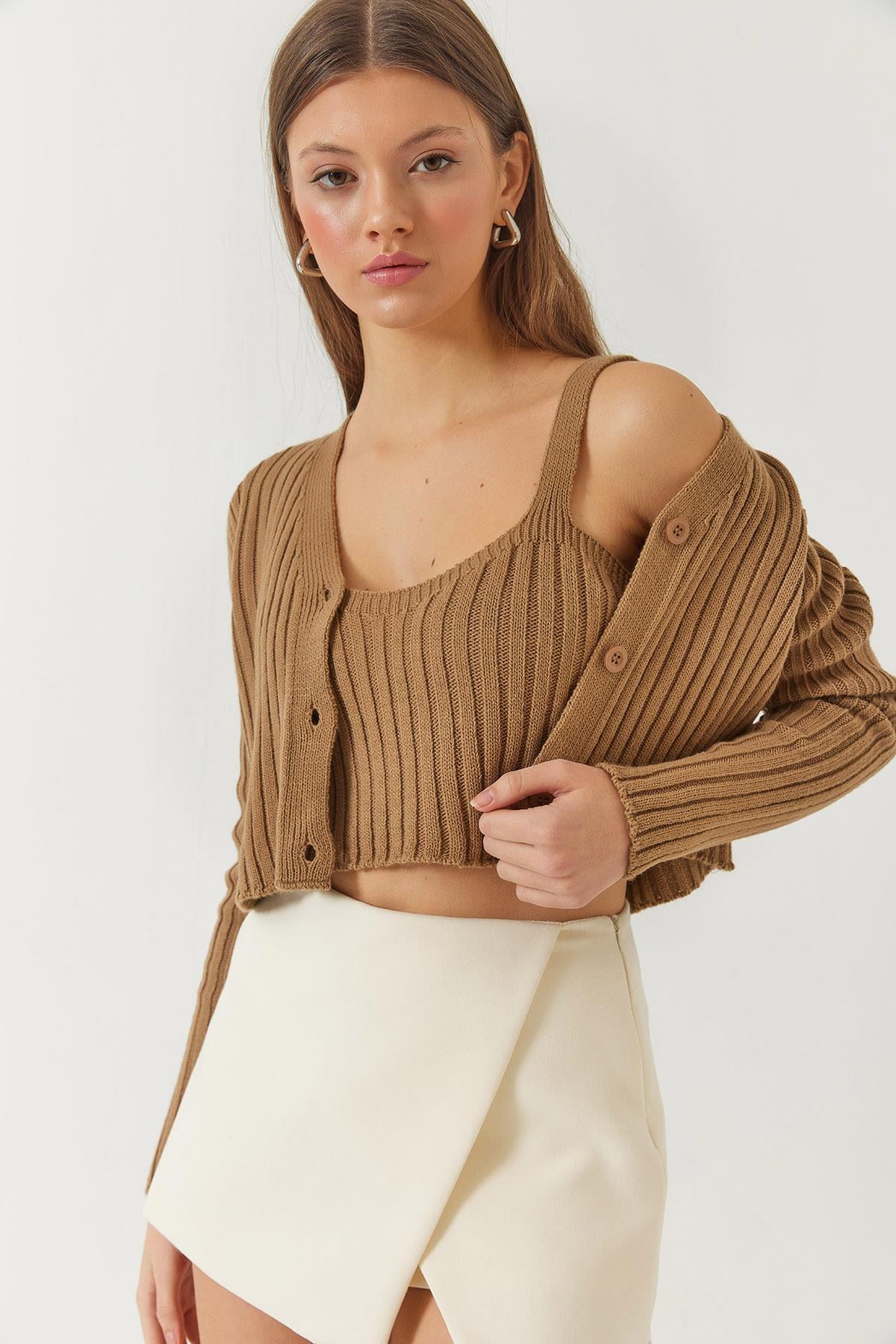 Kadın Hırka Crop Atlet İkili Triko Takım 60261447 - Camel - Camel / Tek Ebat