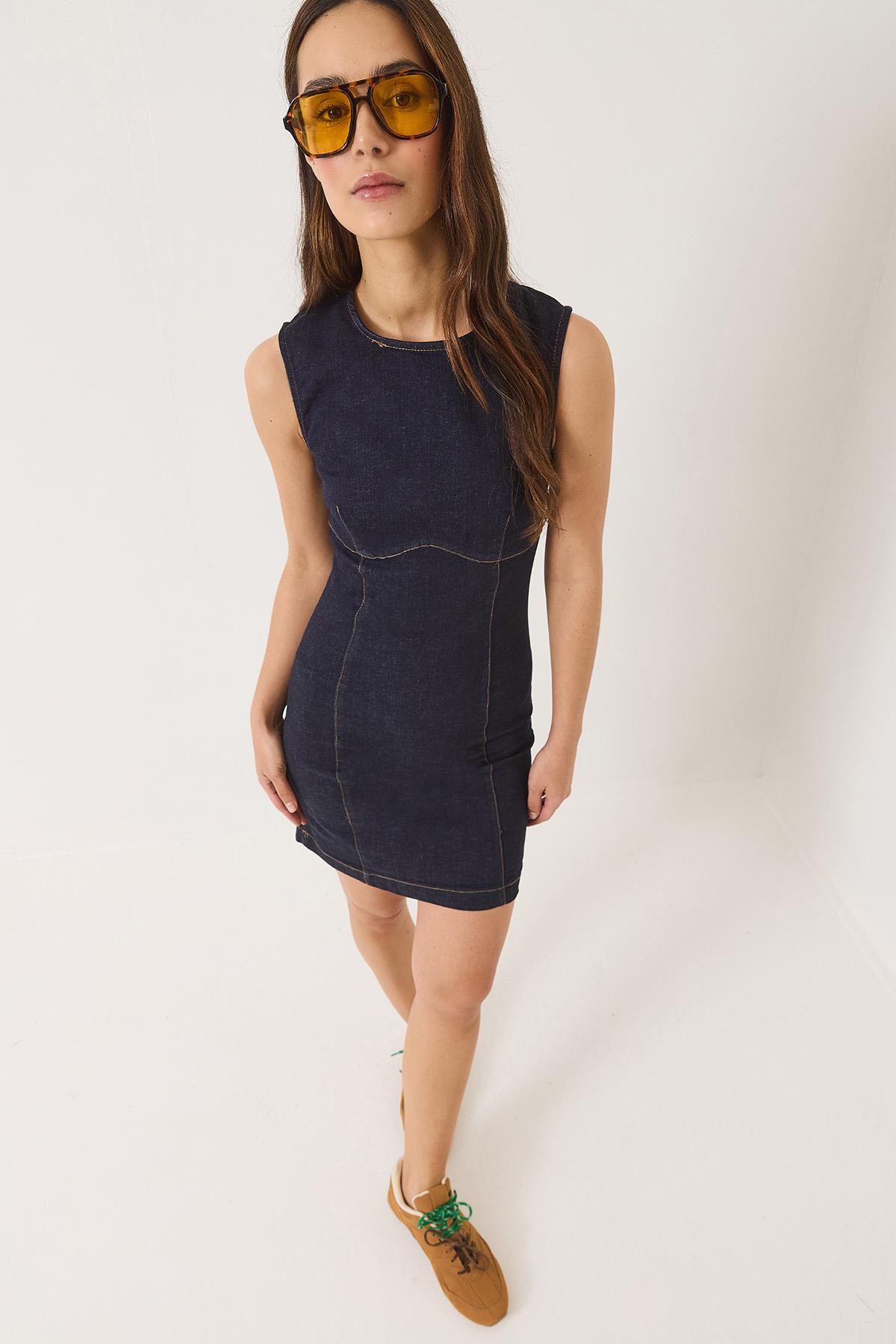 Kadın Bisiklet Yaka Likralı Yazlık Denim Elbise 8038 60283163 - Lacivert - Lacivert / S