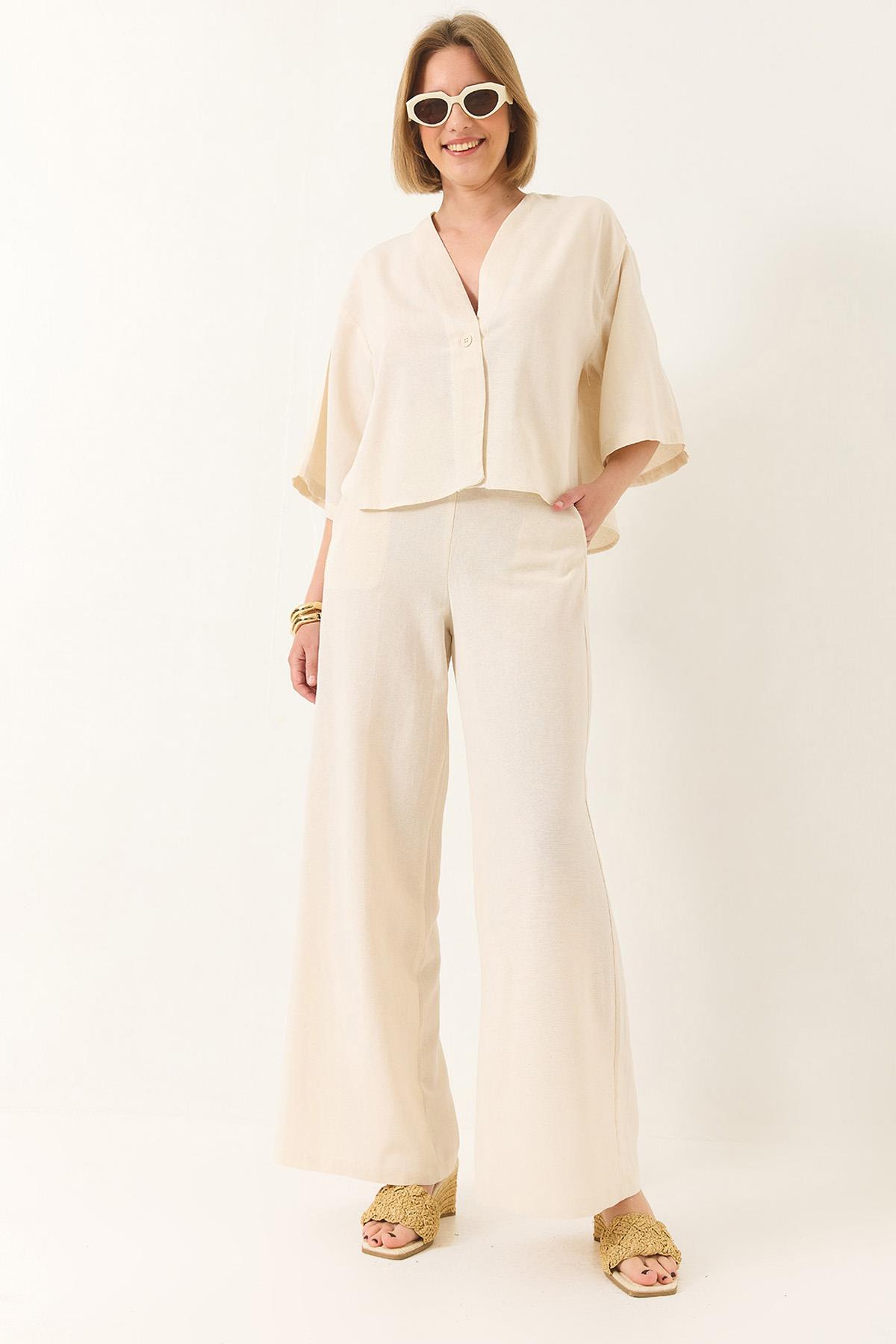 Kadın V Yaka Yarasa Kol Keten Kimono Palazzo Pantolonlu Alt-Üst Takım 9295 60281019 - Bej - Bej / 36