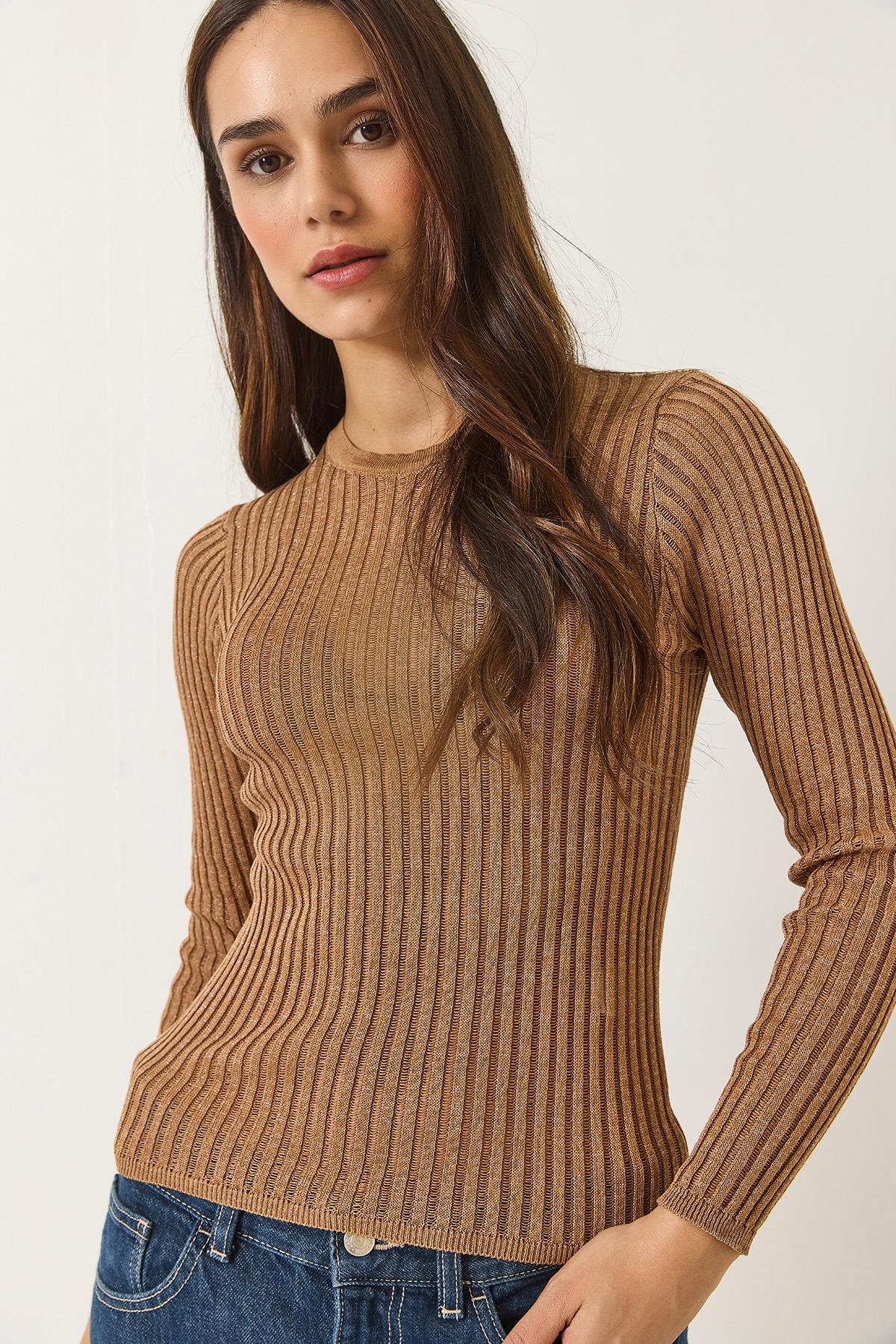 Kadın Ajurlu Bisiklet Yaka Metalik Simli Bluz 1031 60283144 - Camel - Camel / Tek Ebat