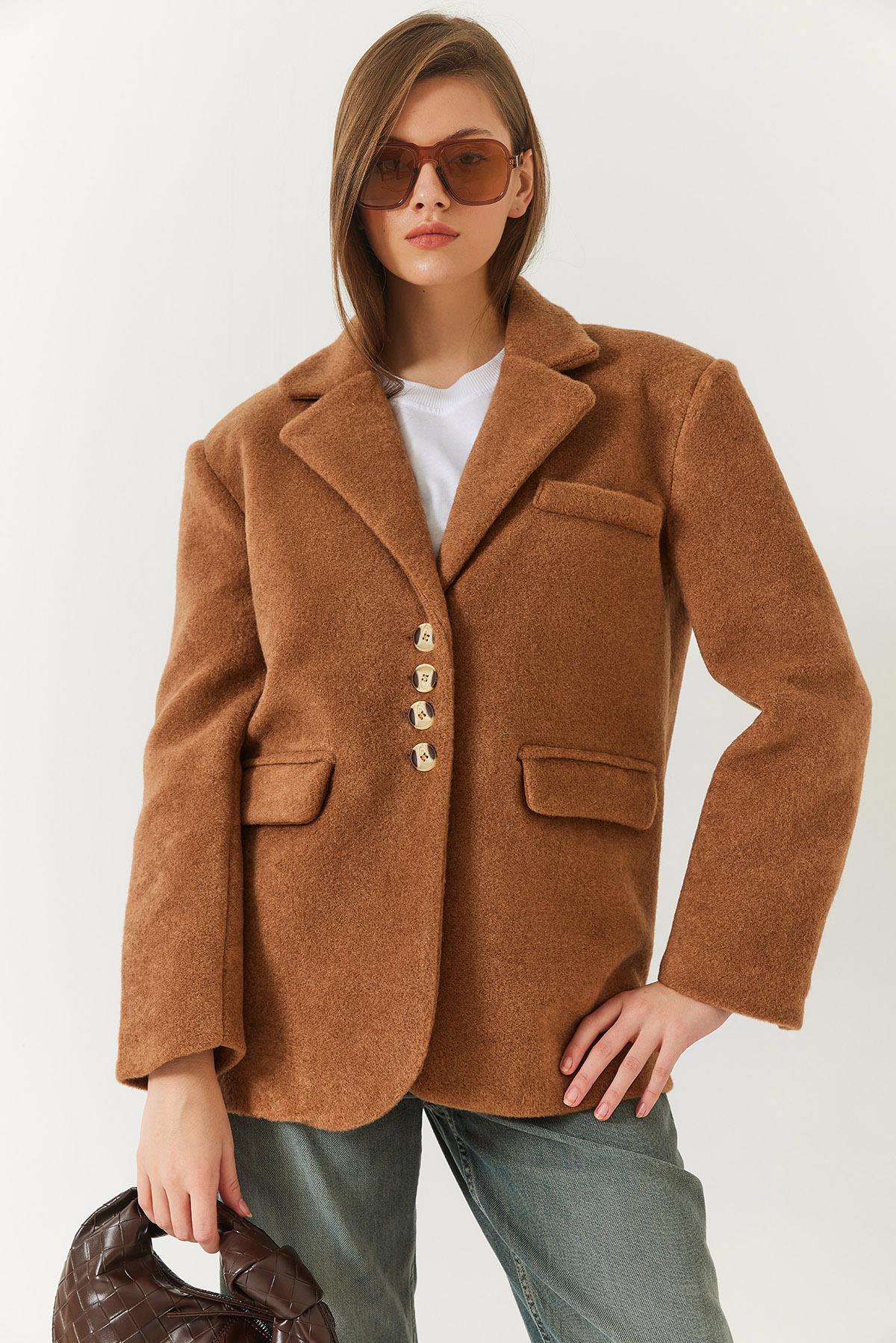 Kadın Kalın Kaşe Blazer Ceket Kısa Kaban 60261366 - Kahverengi - Kahverengi / XS-S