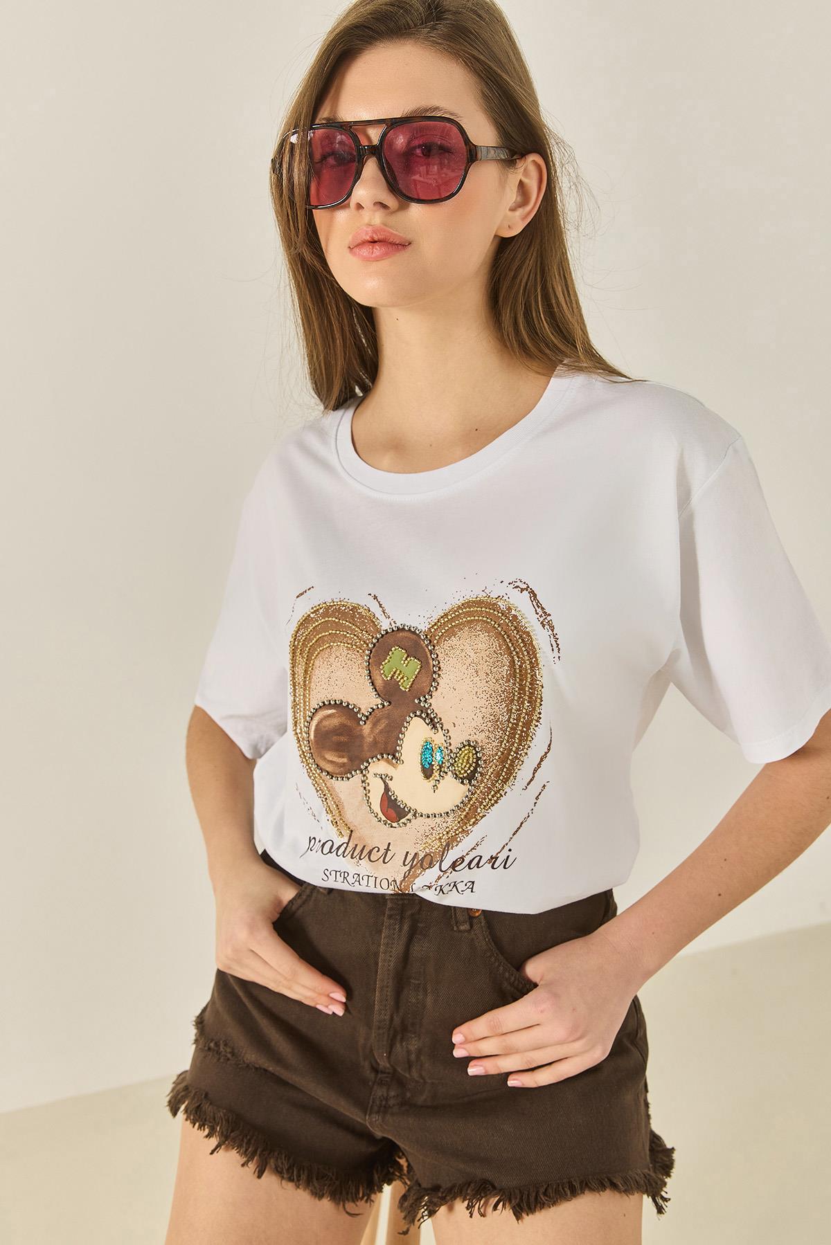 Kadın Mickey Mouse Baskılı Boncuk İşlemeli Oversize Pamuklu T-Shirt 1633 60283284 - Beyaz - Beyaz / M