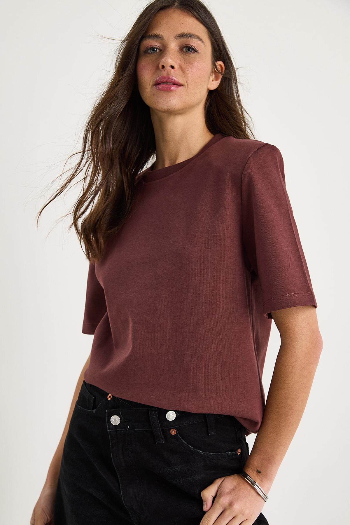 Kadın Bisiklet Yaka Vatkalı Pamuklu Basic T-Shirt 241134 60283128 - Koyu Kızıl Kahve - Koyu Kızıl Kahve / S