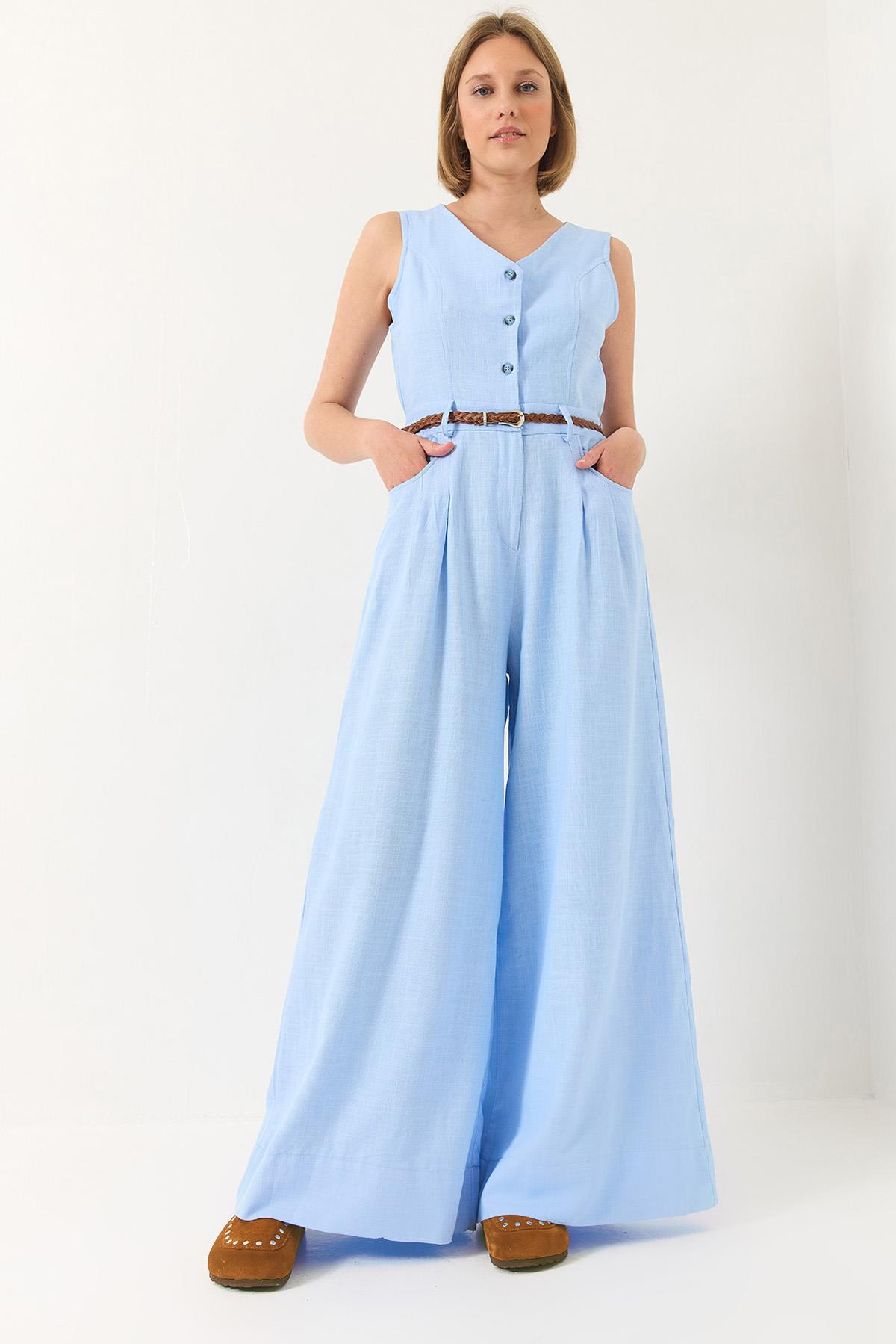 Kadın V Yaka Örgü Kemerli Cepli Bol Pantolonlu Keten Tulum 90022 60283186 - Bebe Mavisi - Bebe Mavisi / 40