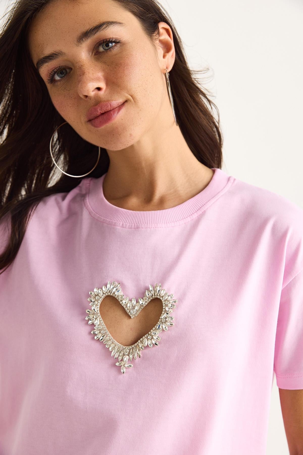 Kadın Taşlı Kalp Pencereli Pamuklu T-Shirt 60602073 - Şeker Pembe - Şeker Pembe / L
