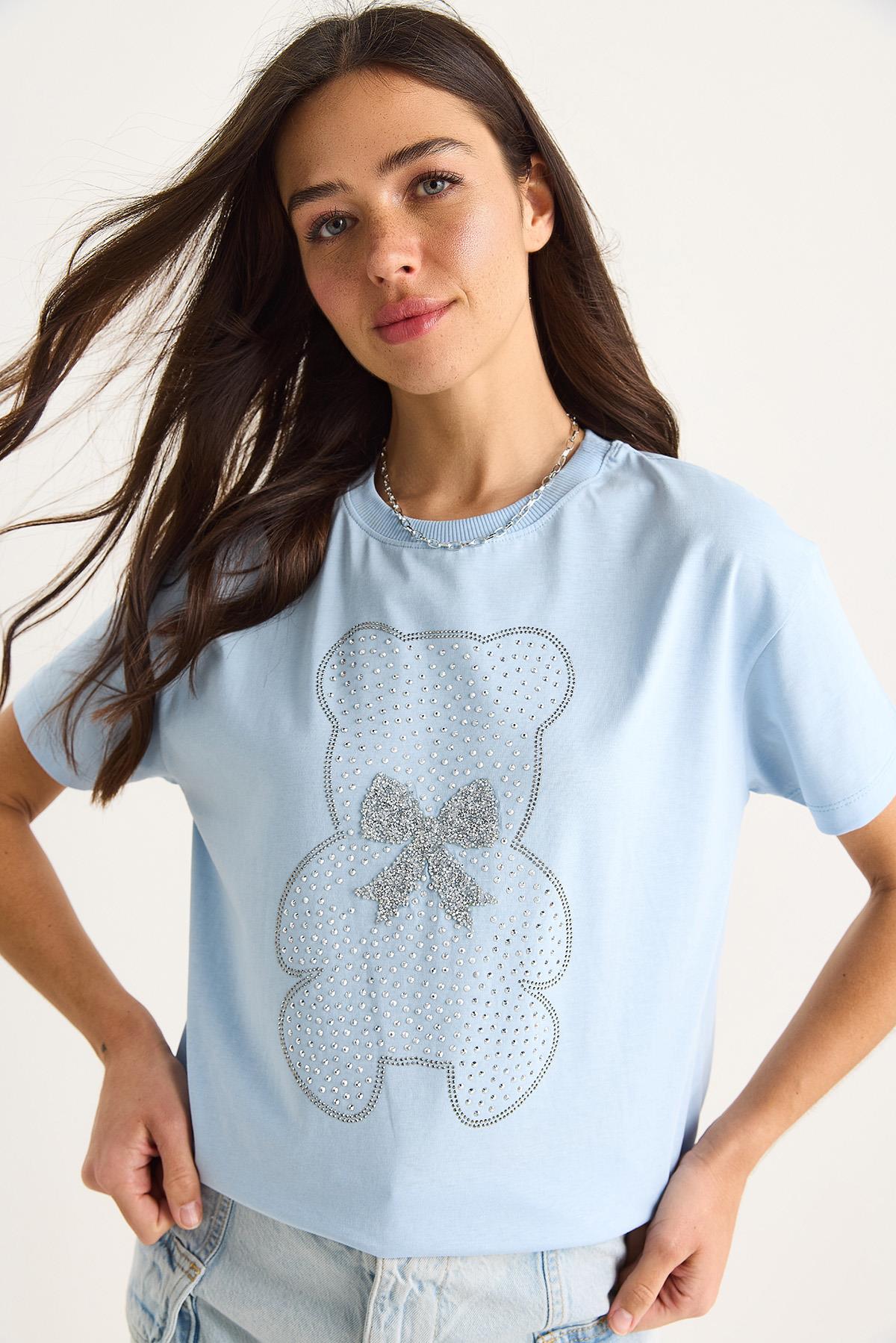 Kadın Teddy Kurdele Detaylı Taşlı T-Shirt 60602035 - Bebe Mavisi - Bebe Mavisi / S
