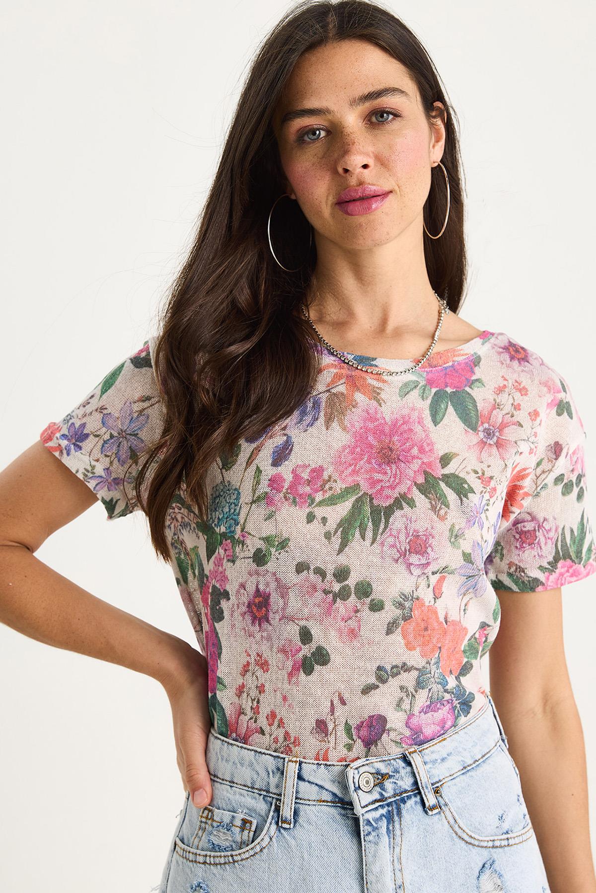 Kadın Bisiklet Yaka Desenli Dijital Baskılı Regular Yazlık Örme T-Shirt 60282015 - Bej-Mor - Bej-Mor / L