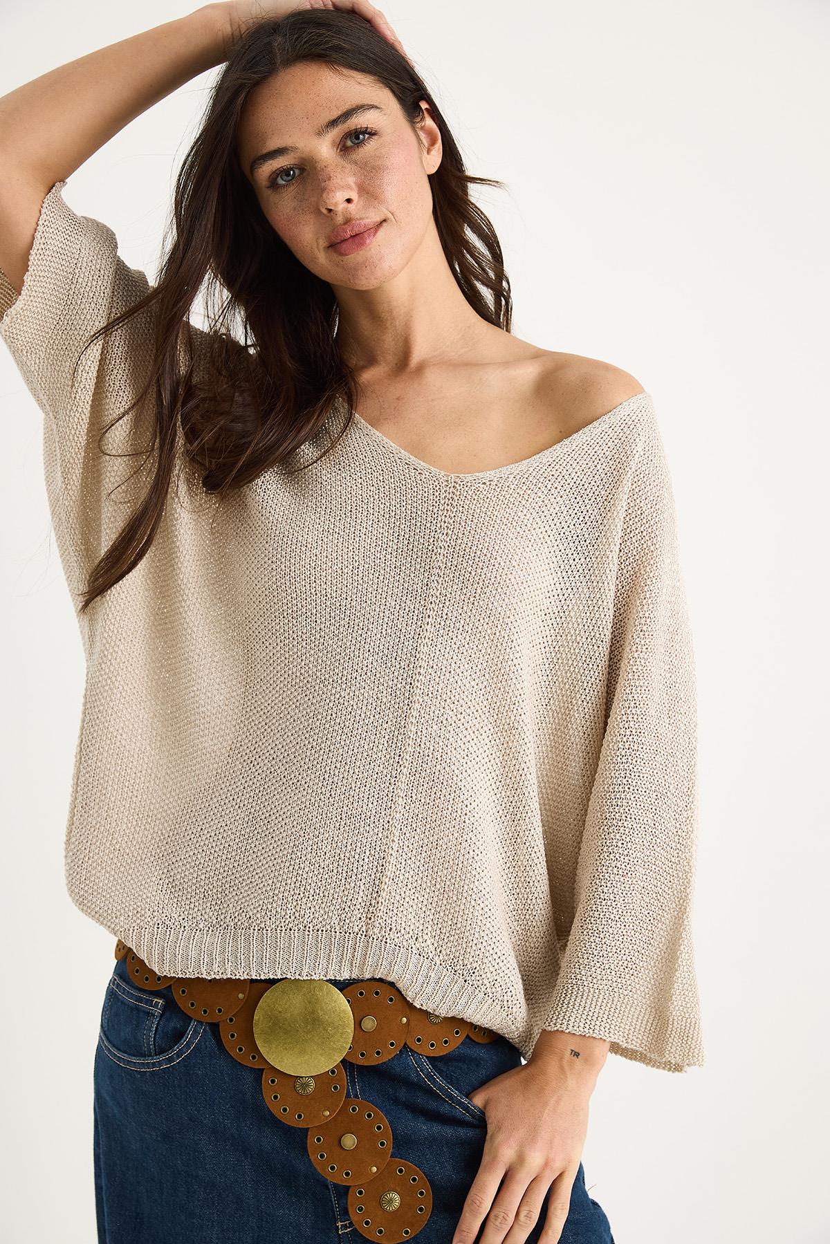 Kadın V Yaka Selanik Örgü Oversize Triko Bluz TY251045 60283338 - Bej - Bej / Tek Ebat