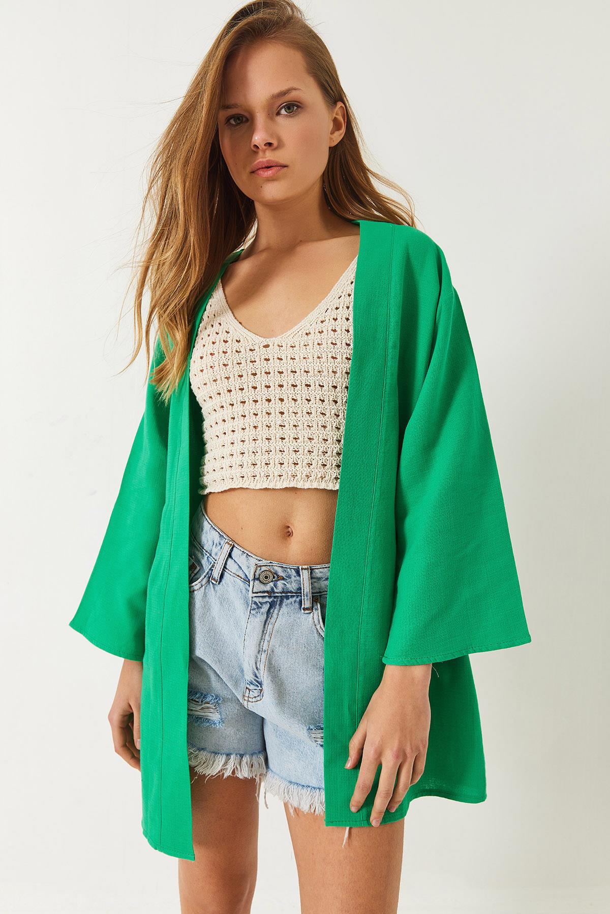 Kadın Keten Dokulu Kısa Basic Kimono 60261496 - Yeşil - Yeşil / S