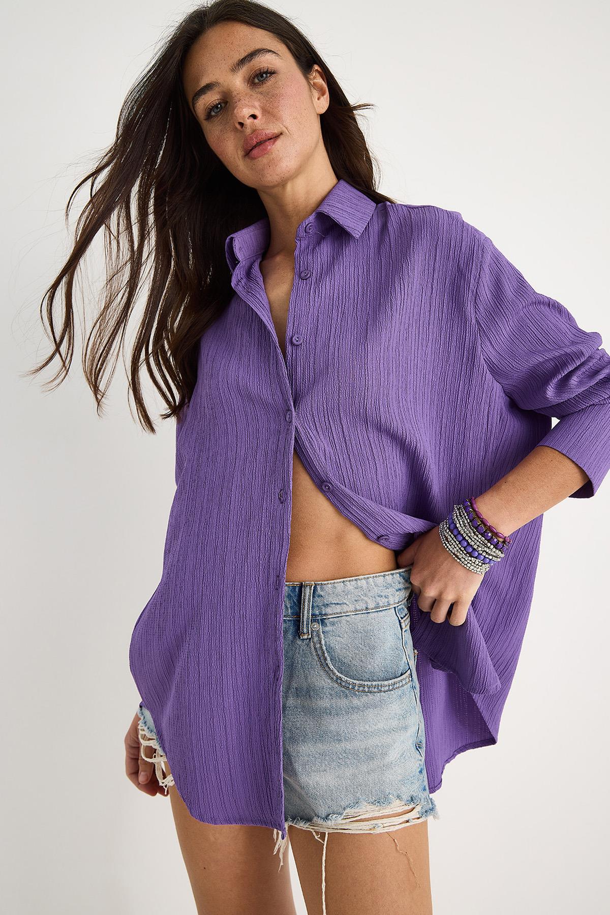 Kadın Düşük Omuz Oversize Basic Bürümcük Gömlek 60392 60271069 - Mor - Mor / M