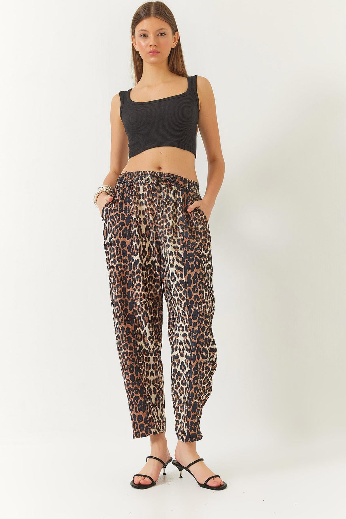 Kadın Biye Bağcıklı Leopar Desenli Şalvar Pantolon 3890 60261437 - Kahverengi-Bej - Kahverengi-Bej / 36