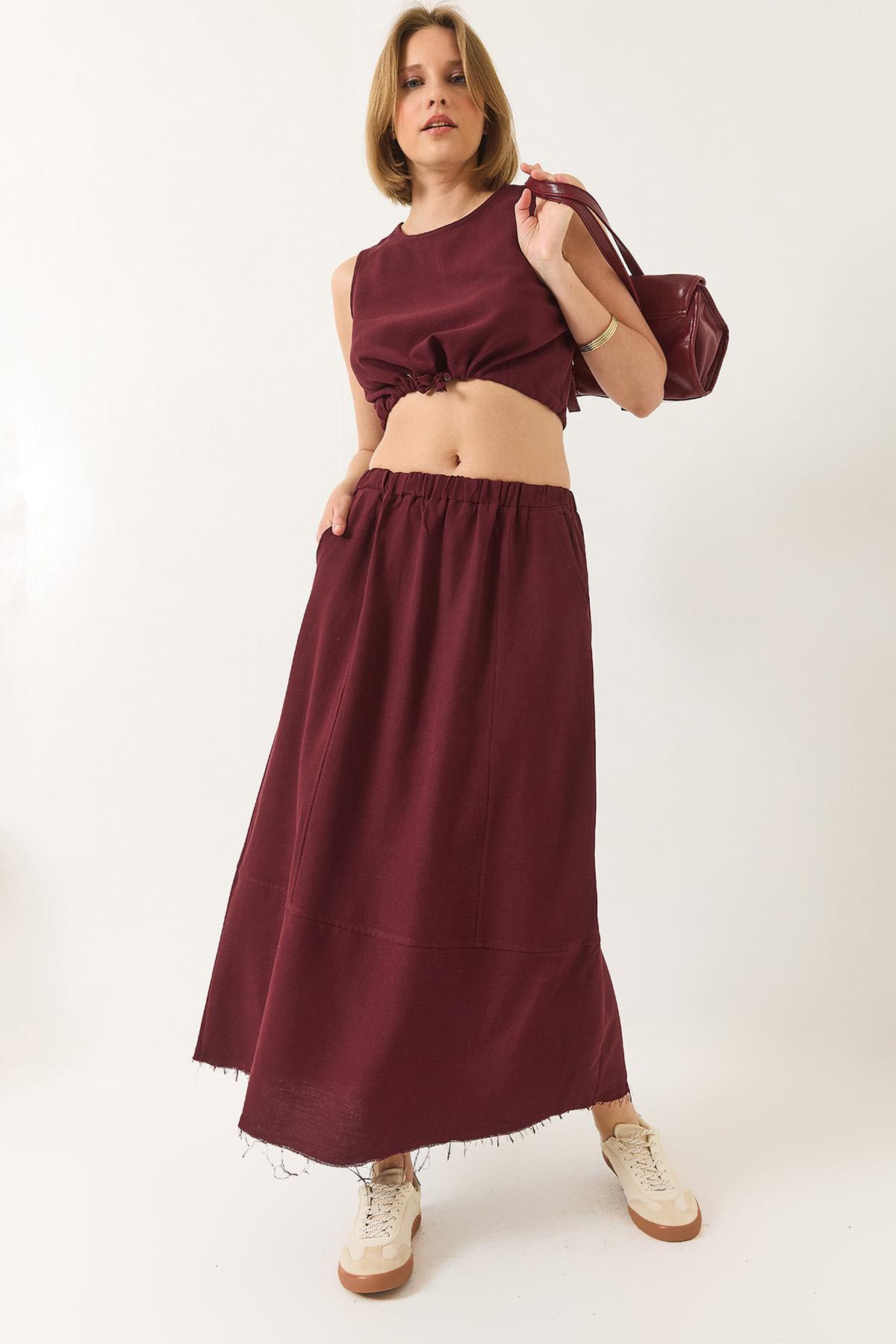 Kadın Keten Beli Bağlamalı Bluz Cep Detaylı Etek Alt-Üst Takım 9292 60281023 - Bordo - Bordo / 38
