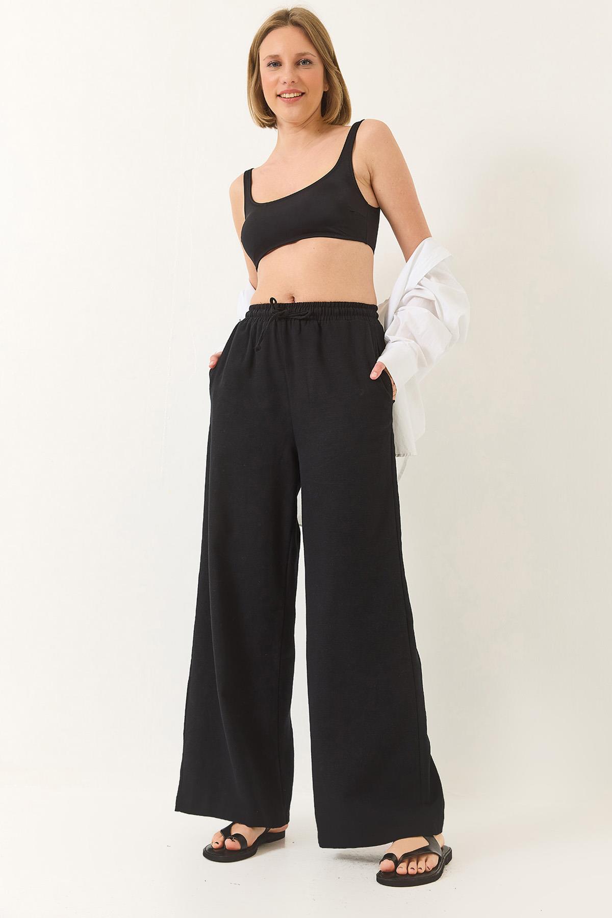 Kadın Beli Lastikli Bağlama Detaylı Cepli Keten Geniş Jogger Pantolon 3235 60281035 - Siyah - Siyah / 40