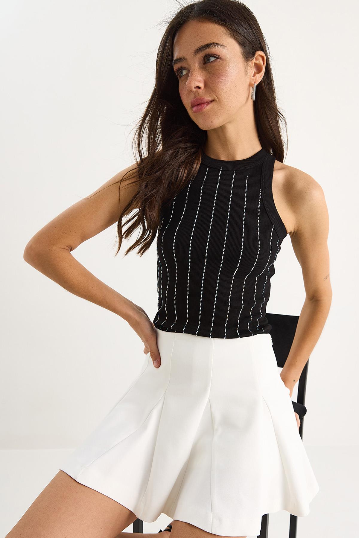 Kadın Diamond Şeritli Basic Crop Bluz 60602063 - Siyah - Siyah / L