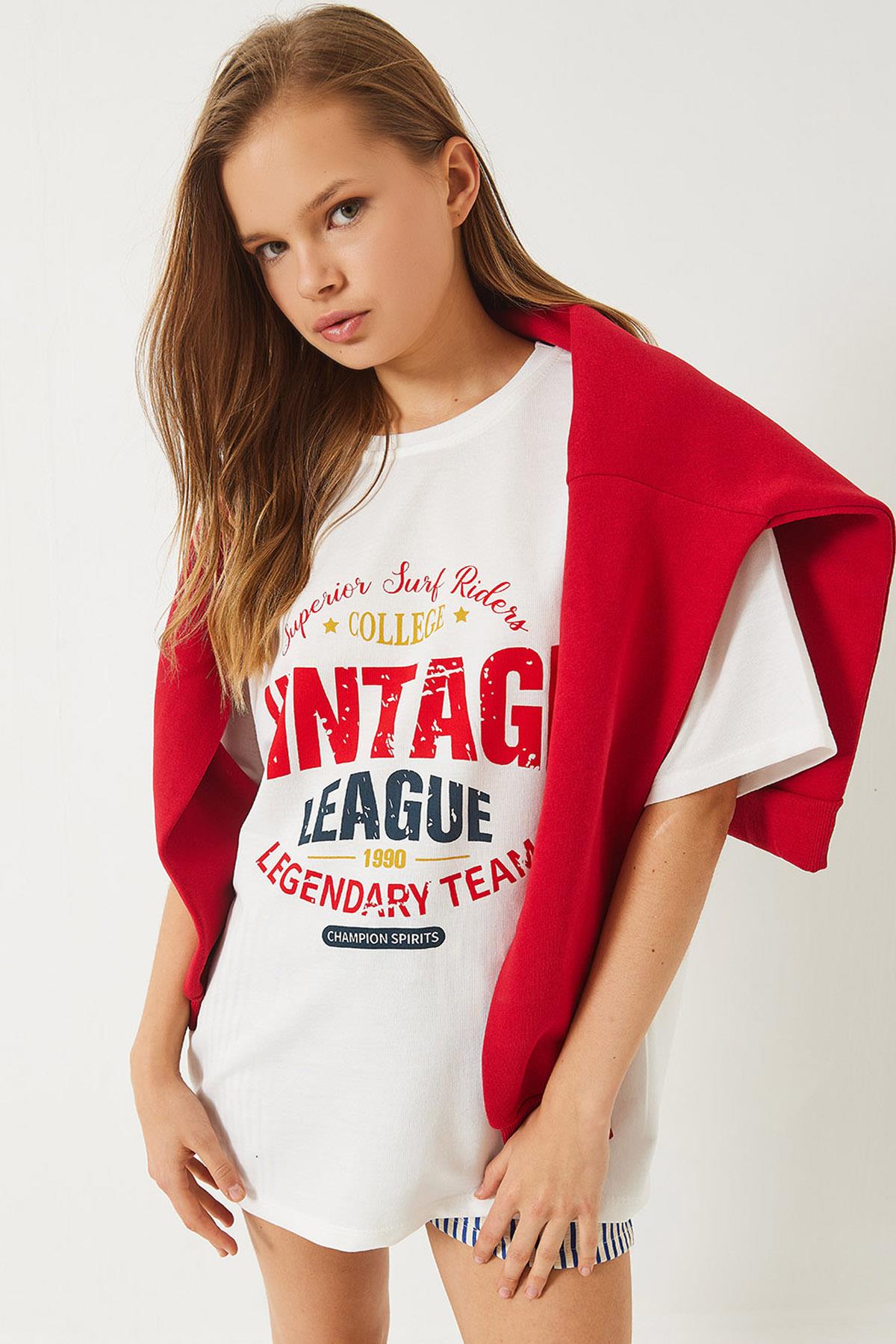 Kadın Bisiklet Yaka Baskılı Oversize T-Shirt 3091 60283076 - Beyaz - Beyaz / L