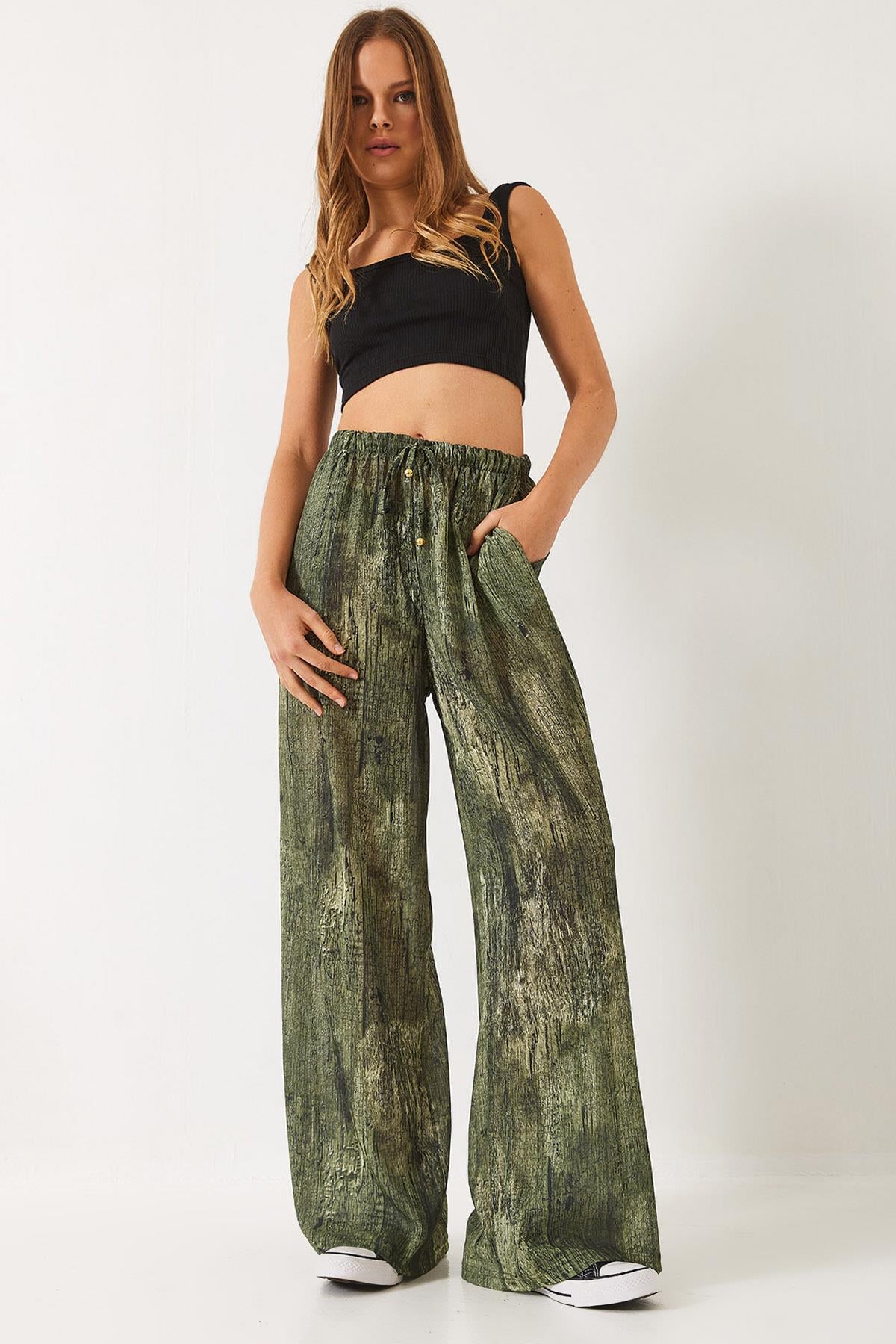 Kadın Kontrast Geçişli Cep Detaylı Wide Leg Pantolon 60440-2 60271056 - Yeşil - Yeşil / 40