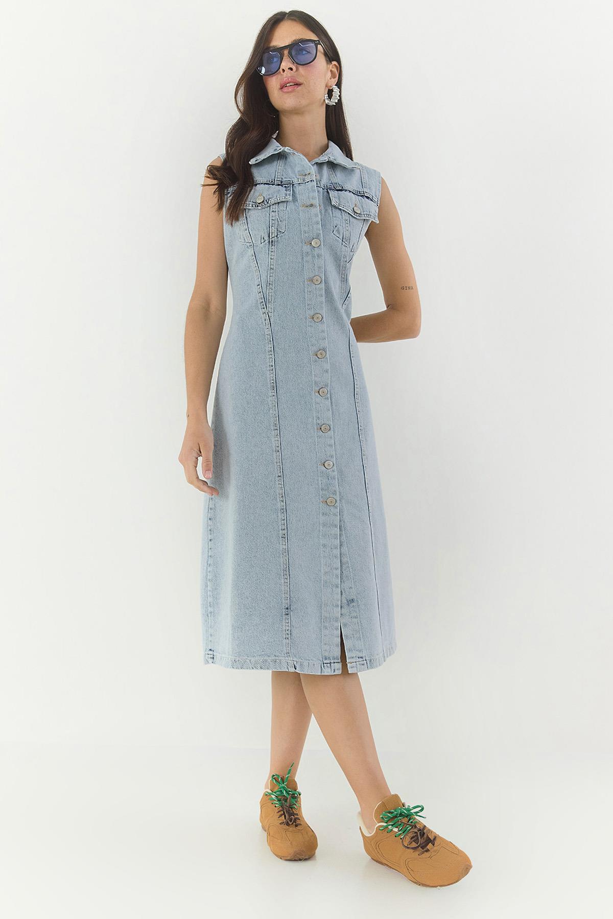 Kadın Belden Oturan Cepleri Kapaklı Sıfır Kollu Düğmeli Denim Elbise 3575 60283288 - Buz Mavisi - Buz Mavisi / 38