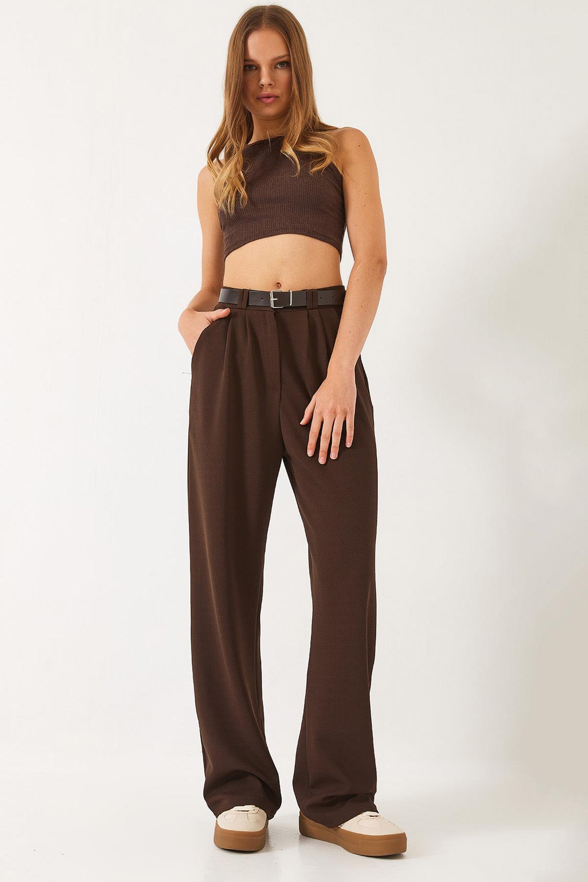 Kadın Çift Pile Detaylı Kemerli Örme Pantolon 3851 60261449 - Acı Kahve - Acı Kahve / 36