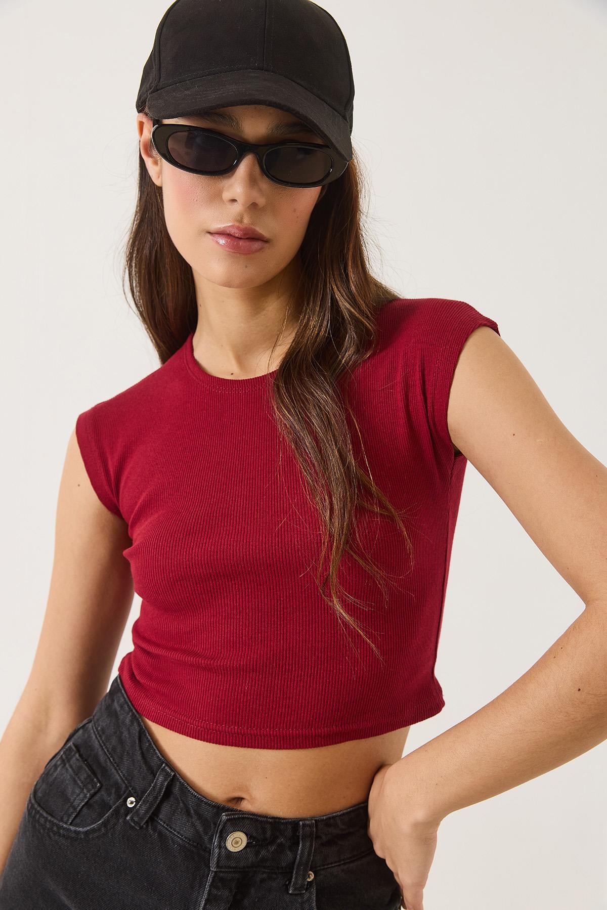 Kadın Bisiklet Yaka Kısa Kollu Basic Kaşkorse Crop Top T-Shirt 60602044 - Bordo - Bordo / S