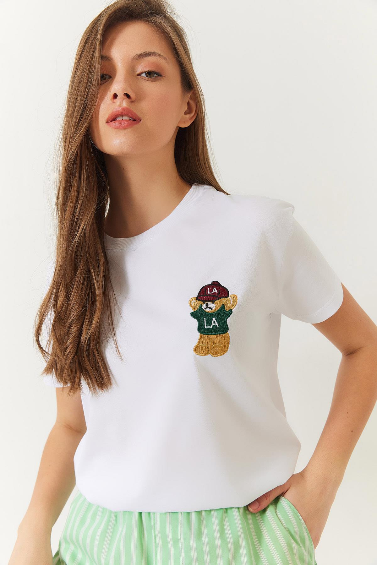 Kadın Ayıcık Baskılı Tshirt 60602007 - Beyaz - Beyaz / L