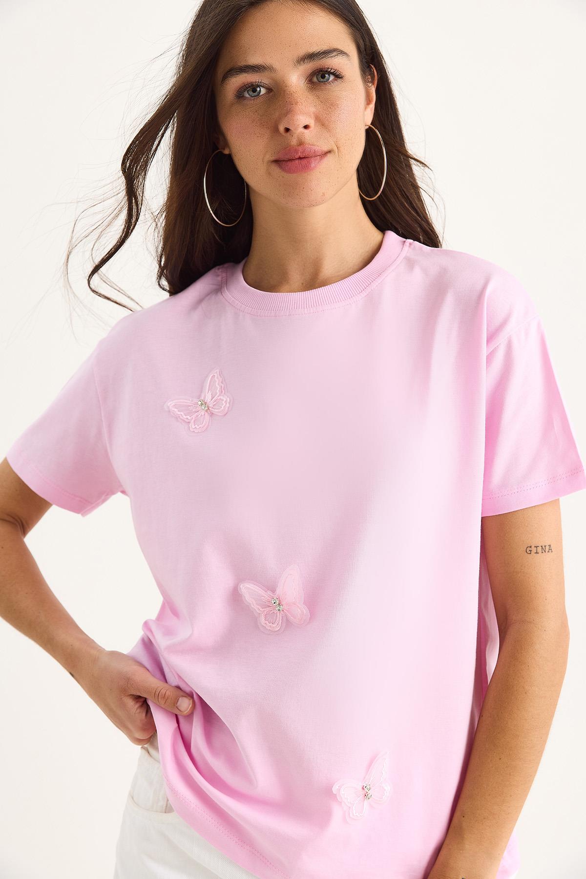 Kadın Kelebek Aksesuarlı Bisiklet Yaka Pamuklu T-Shirt 60602071 - Şeker Pembe - Şeker Pembe / M
