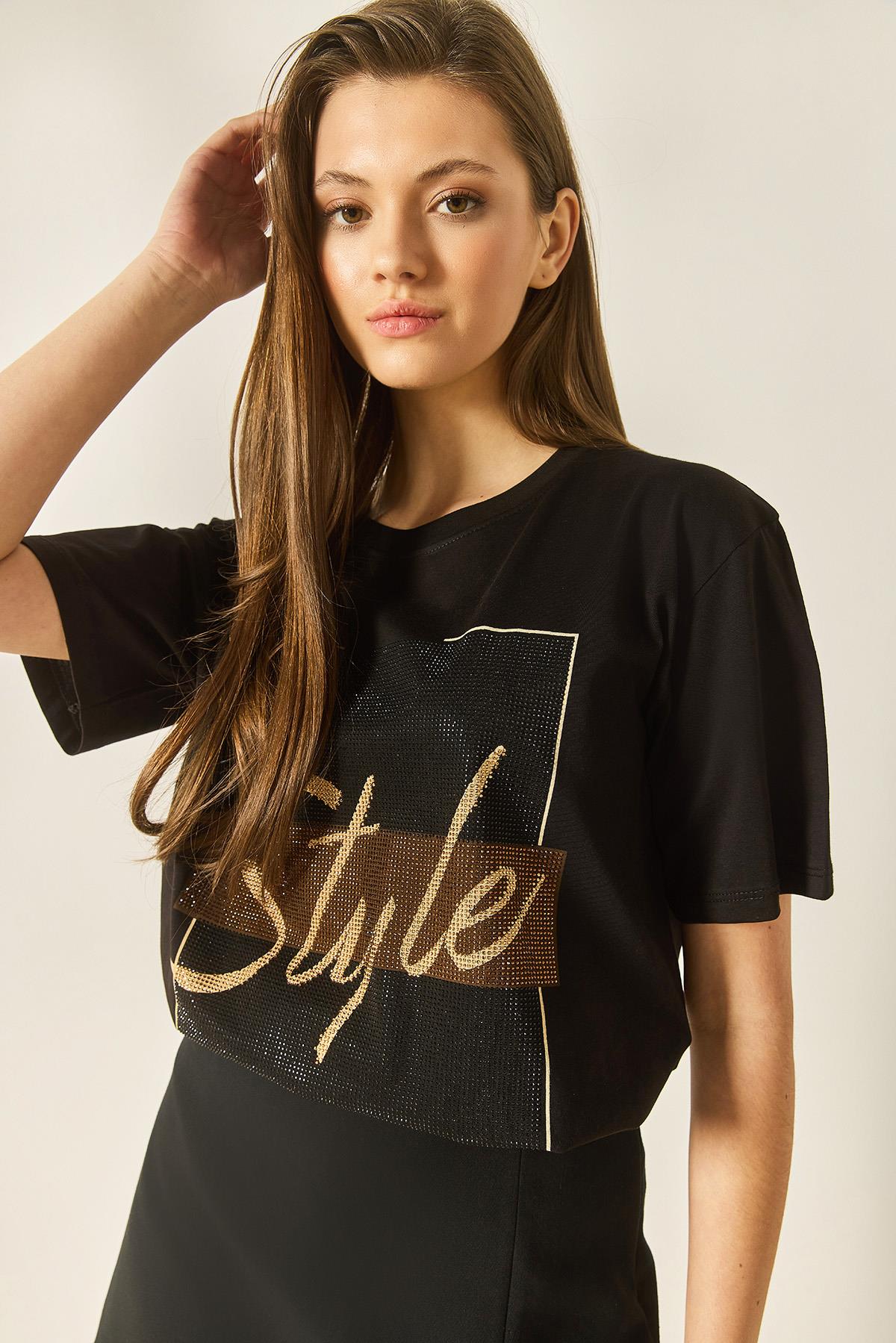 Kadın Style Yazılı Taş Baskılı Rahat Kalıp Pamuklu T-Shirt 1610 60283282 - Siyah - Siyah / L