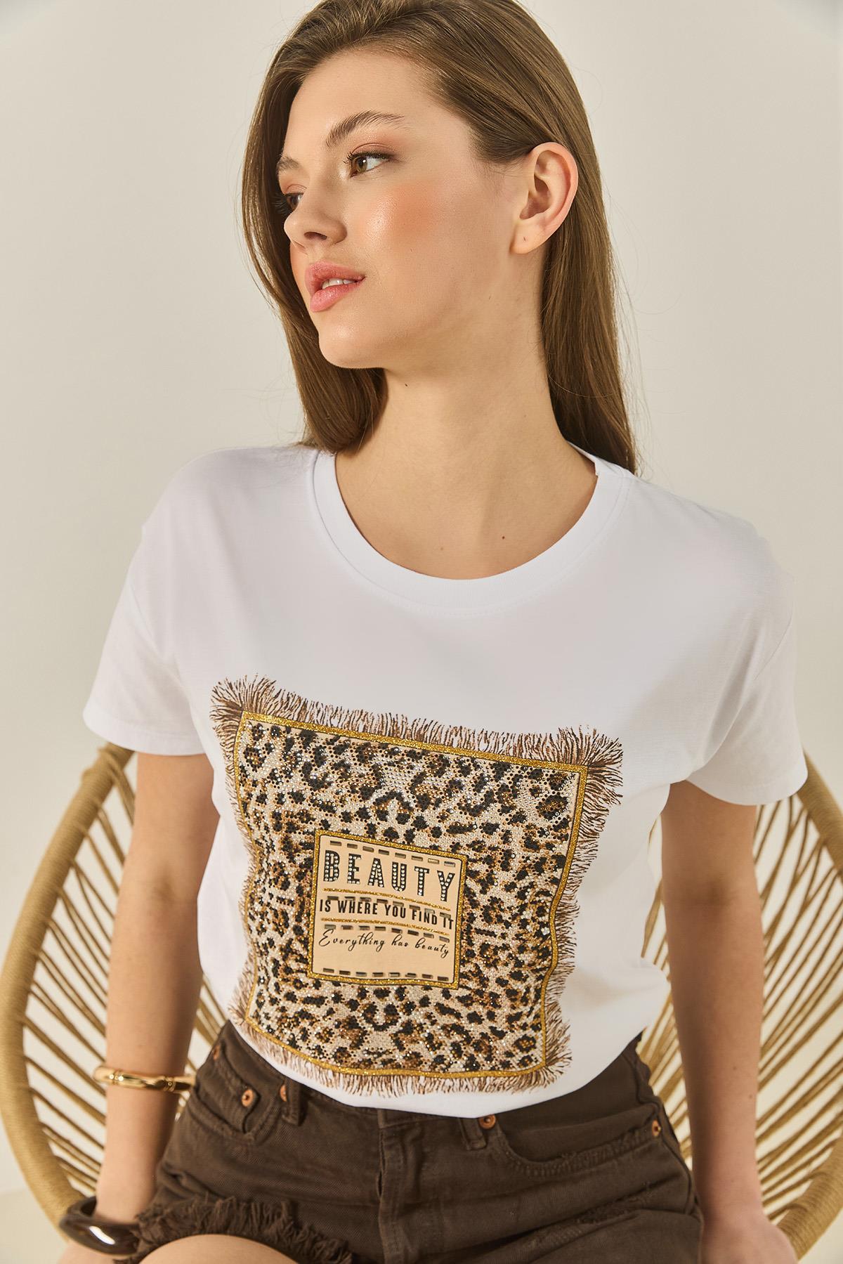 Kadın Bsisiklet Yaka Kısa Kollu Taş Baskılı Leopar Detaylı Normal Kalıp T-Shirt 1631 60283280 - Beyaz - Beyaz / L