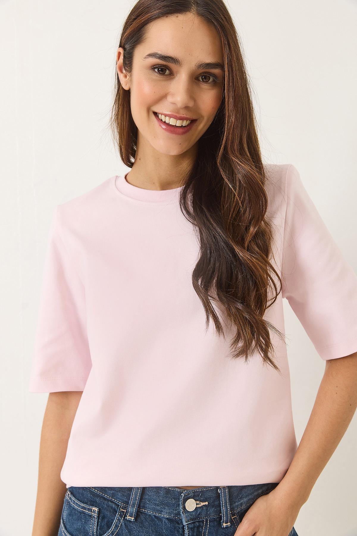 Kadın Bisiklet Yaka Vatkalı Pamuklu Basic T-Shirt 241134 60283128 - Açık Pudra - Açık Pudra / M