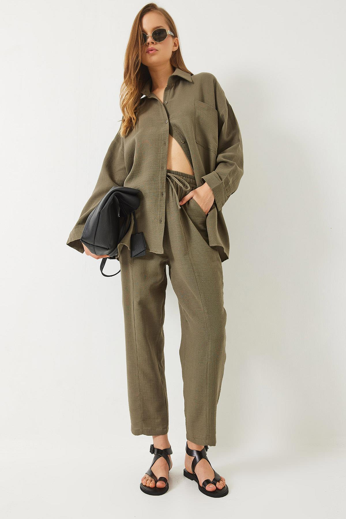 Kadın Oversize Gömlek Şalvar Pantolon Müslin Alt-Üst Takım 9259 60283113 - Haki - Haki / 38